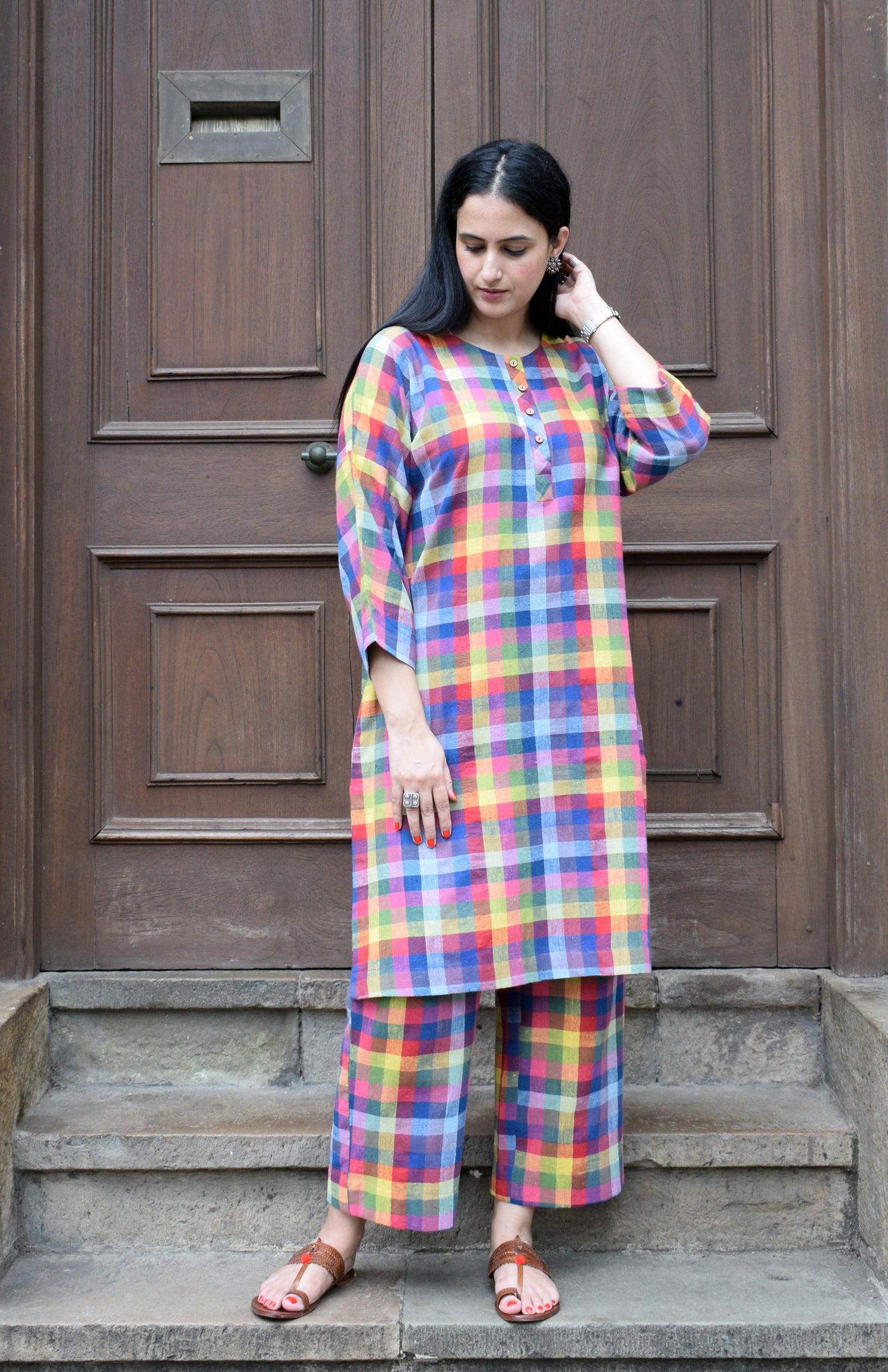 Multicolor checks Kala cotton co-ord set