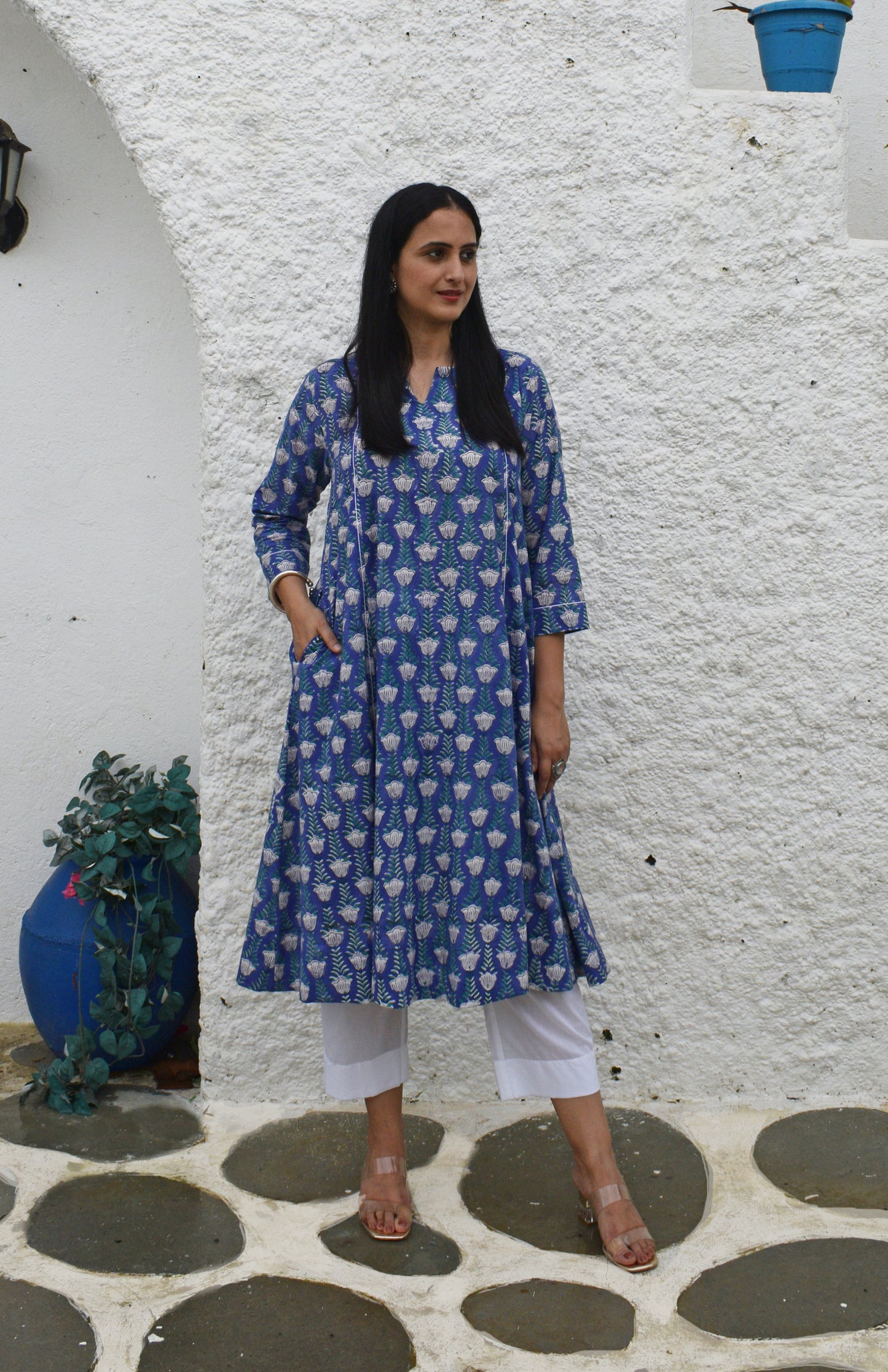 Violet block printed A line cotton kurta with panels