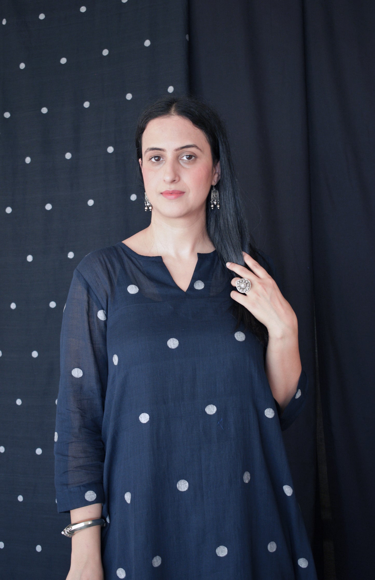 Black jamdani A line Polka dot kurta