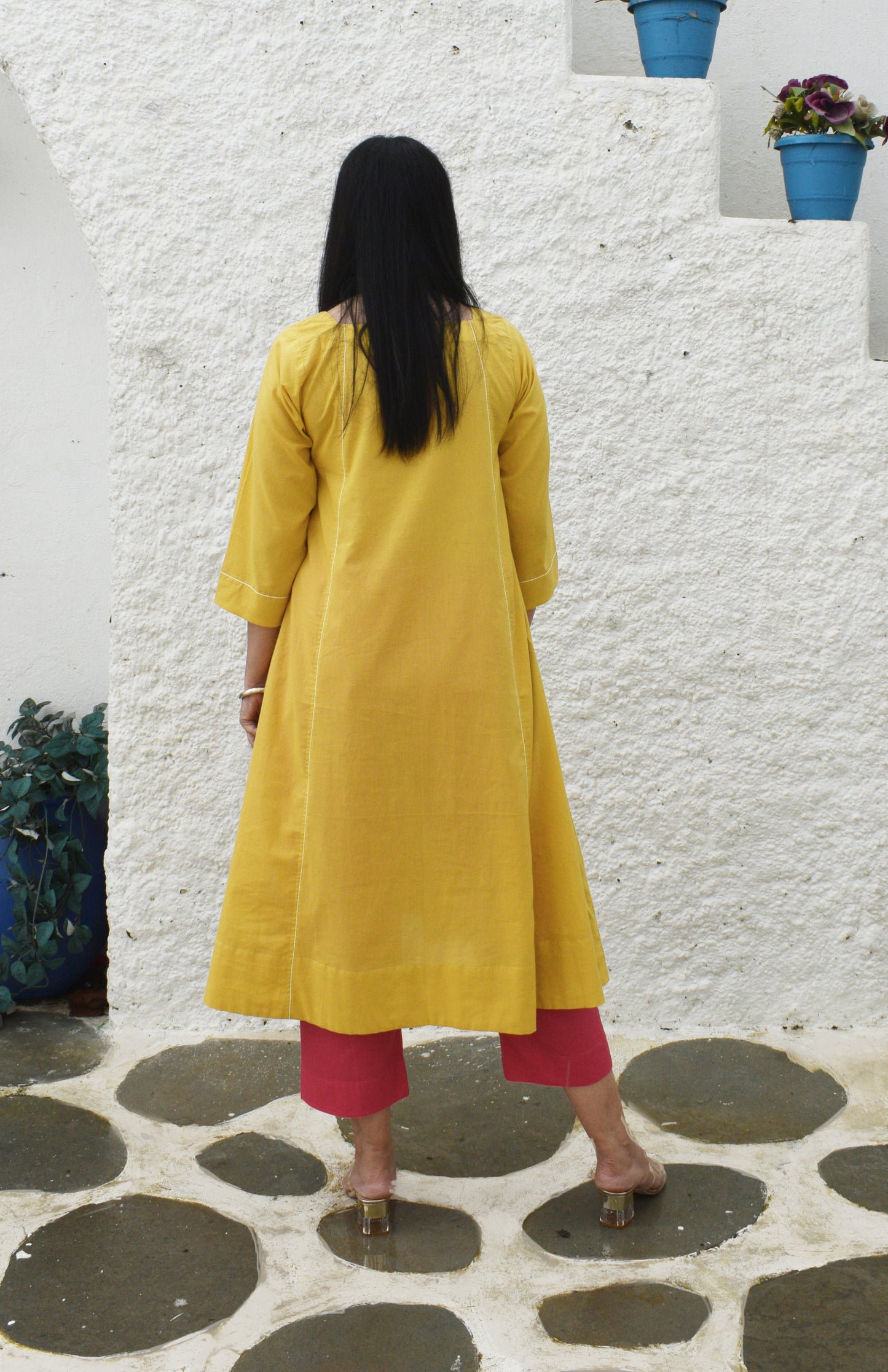 Yellow Flared Cotton Kurta with square neck
