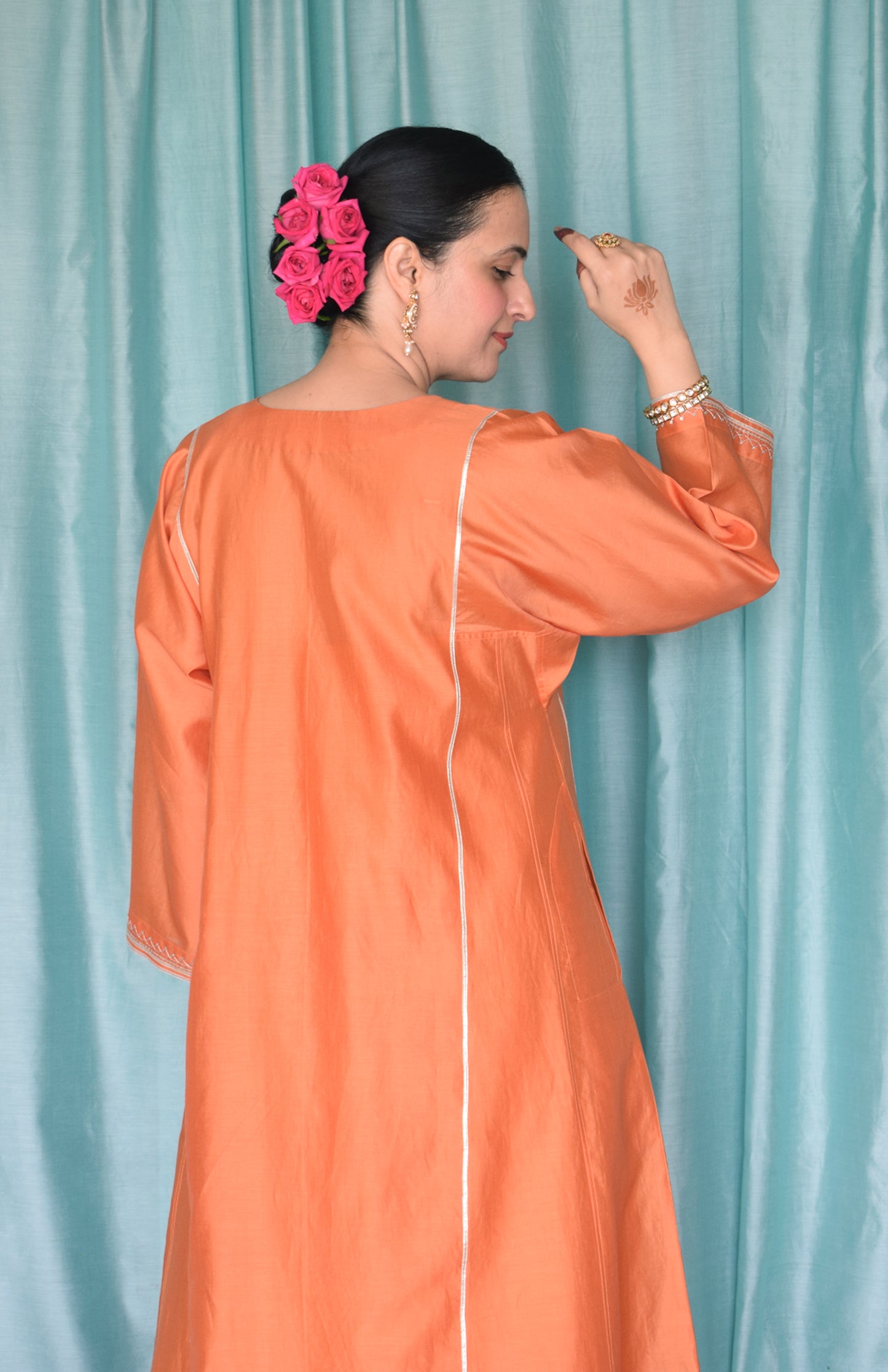 Neerja Chanderi Set with Hand Embroidered Phiran Kurta and Wide Legged Pyjama