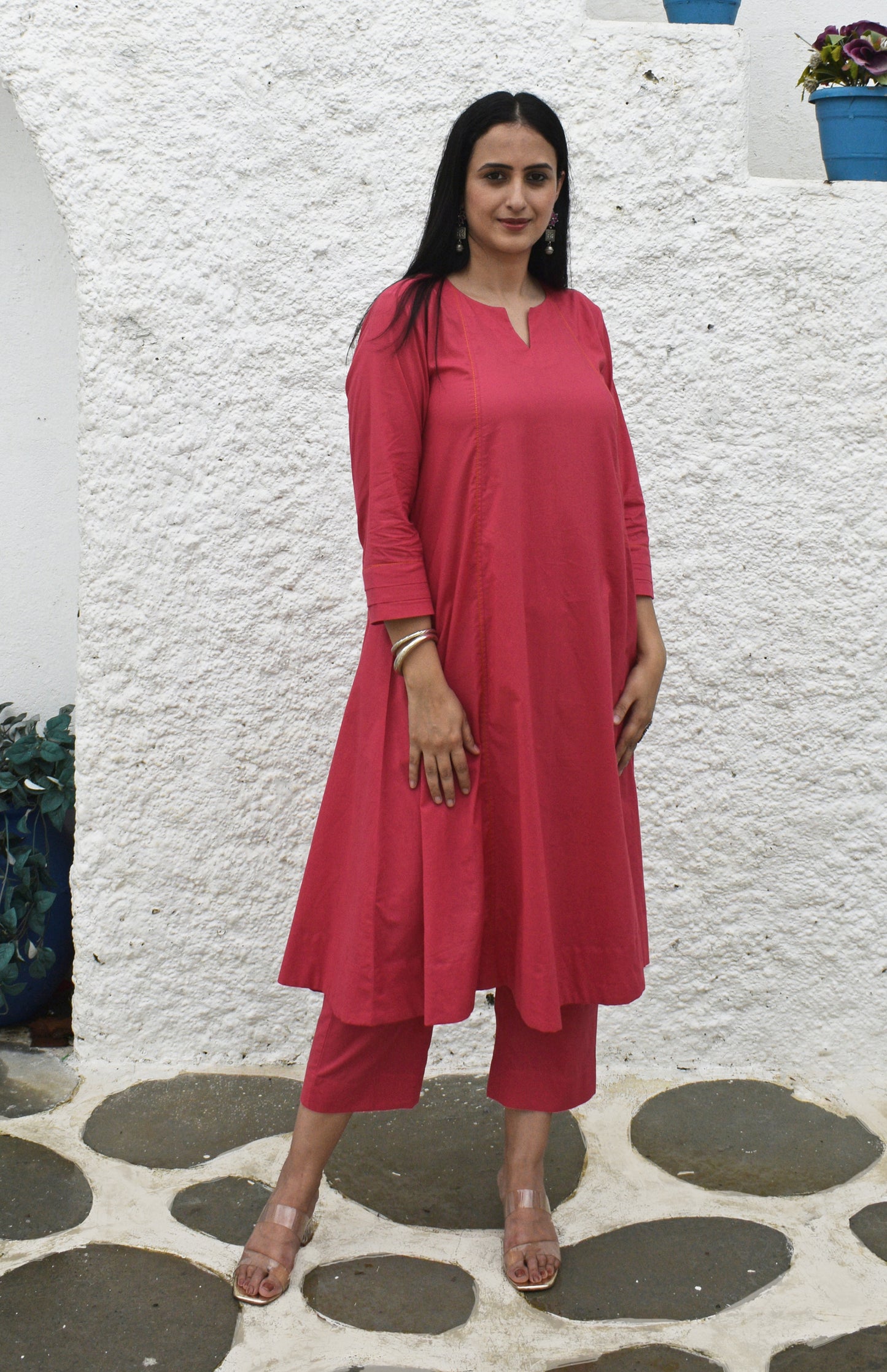 Pink A line Cotton Kurta with Panels and pink pyjama