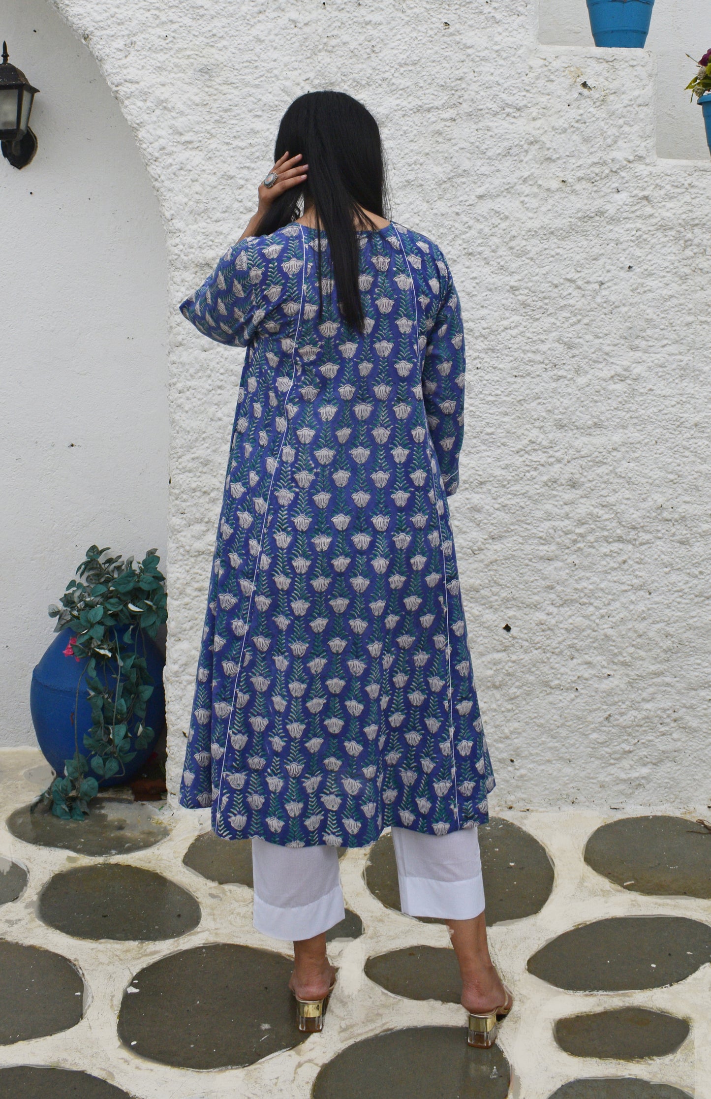 Violet block printed A line cotton kurta with panels