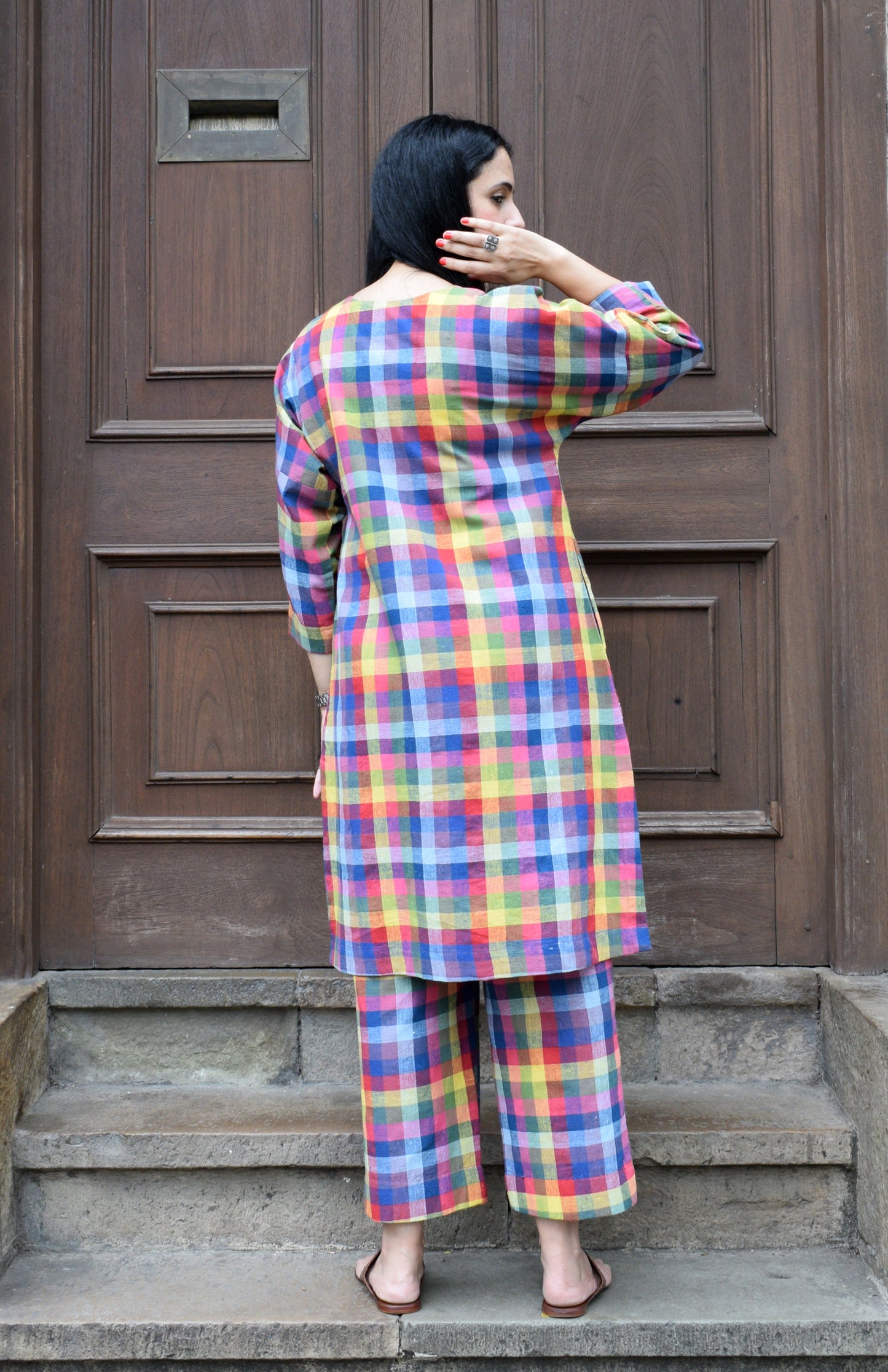 Multicolor checks Kala cotton kurta with round neck