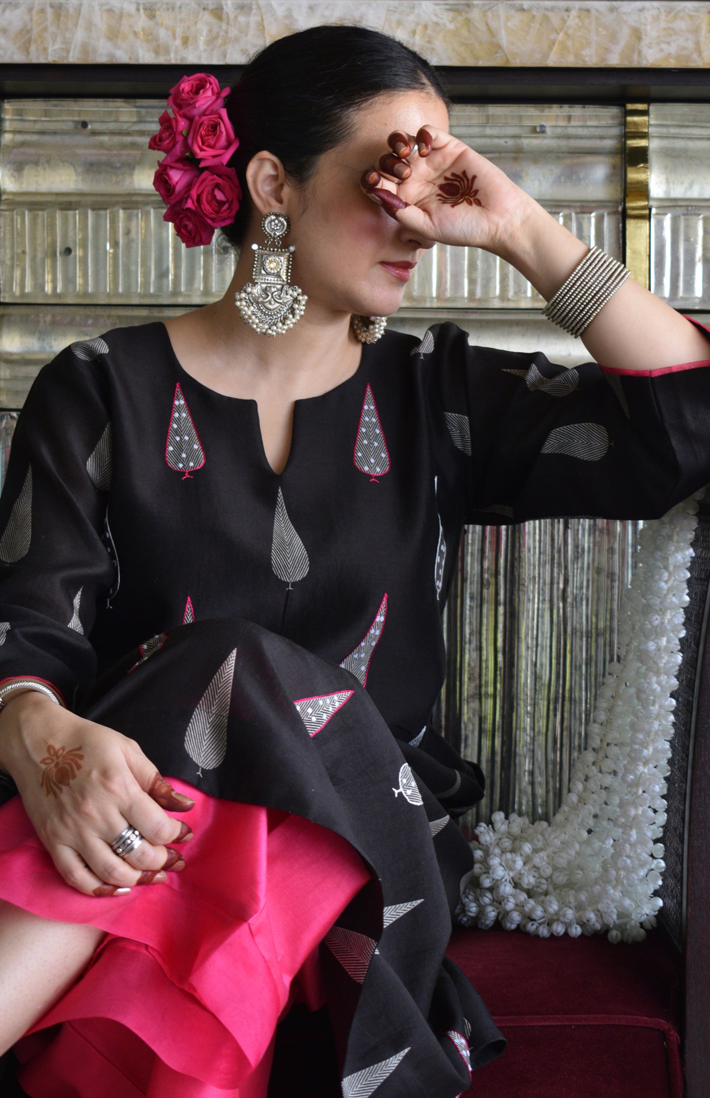 Shyam Chanderi Set with Hand Embroidered A line Kurta and Wide Legged Pyjama
