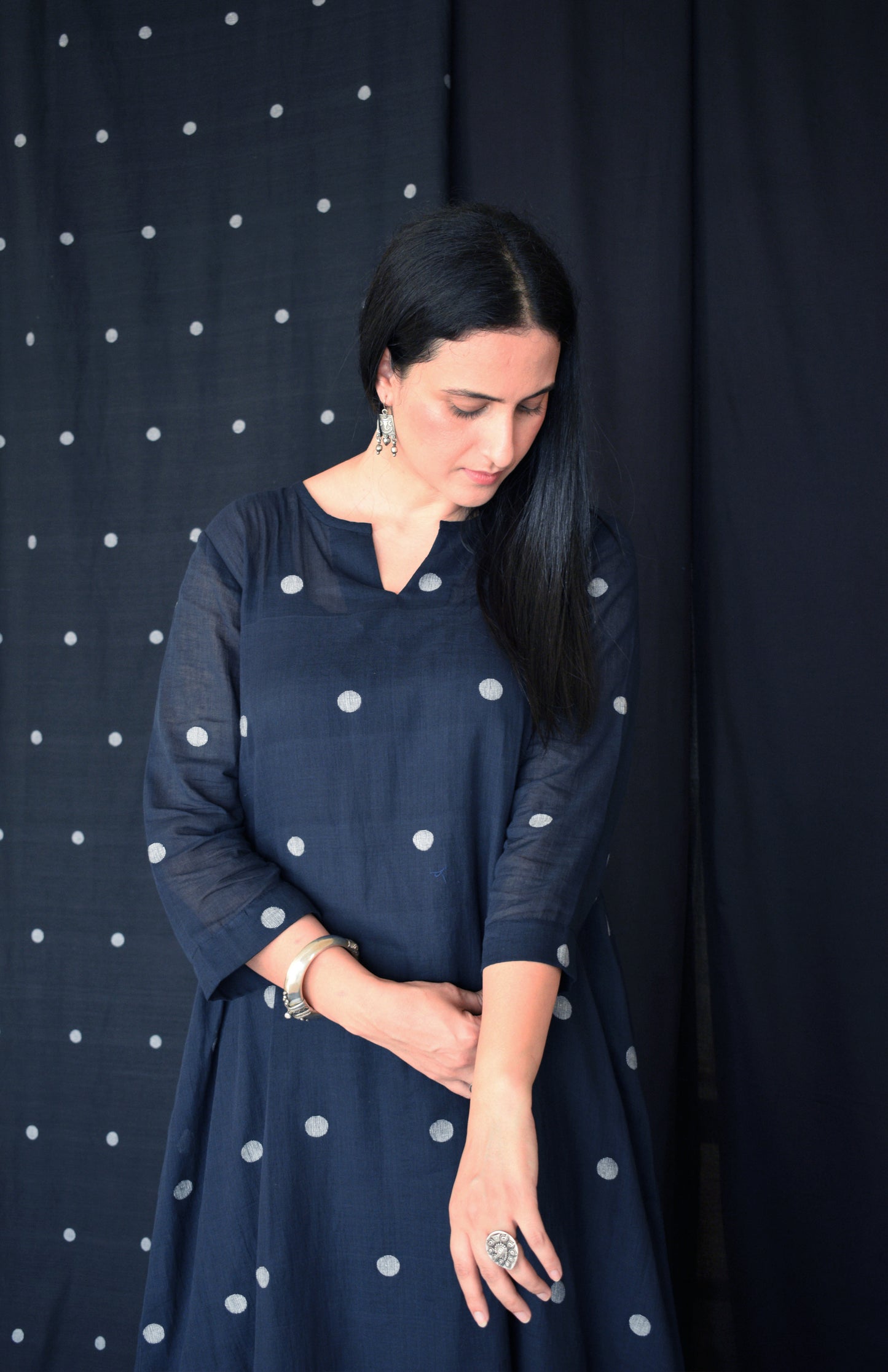Black jamdani A line Polka dot kurta