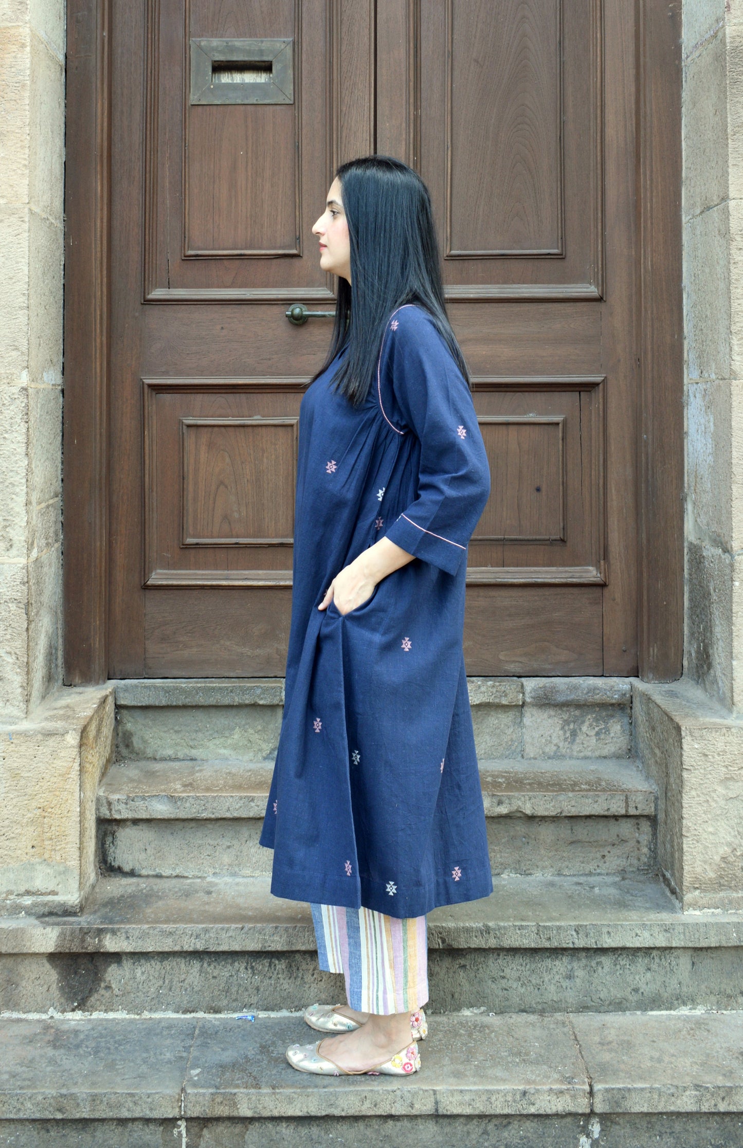 Navy blue kala cotton kurta with side gathers