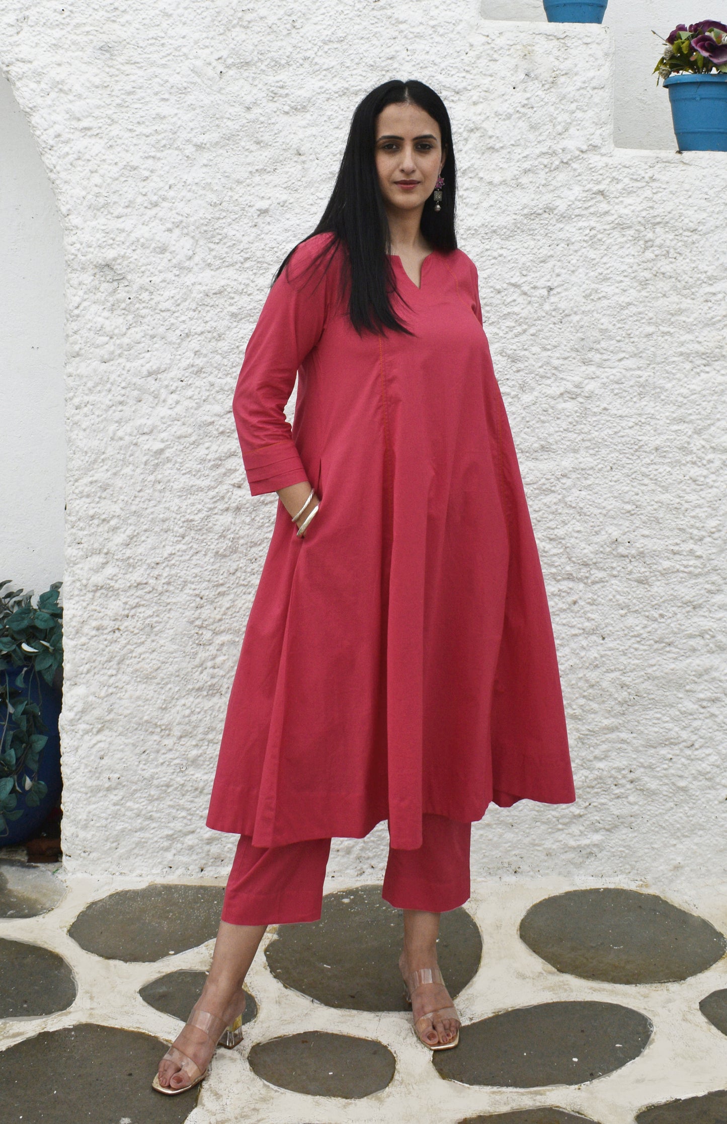 Pink A line cotton kurta with panels