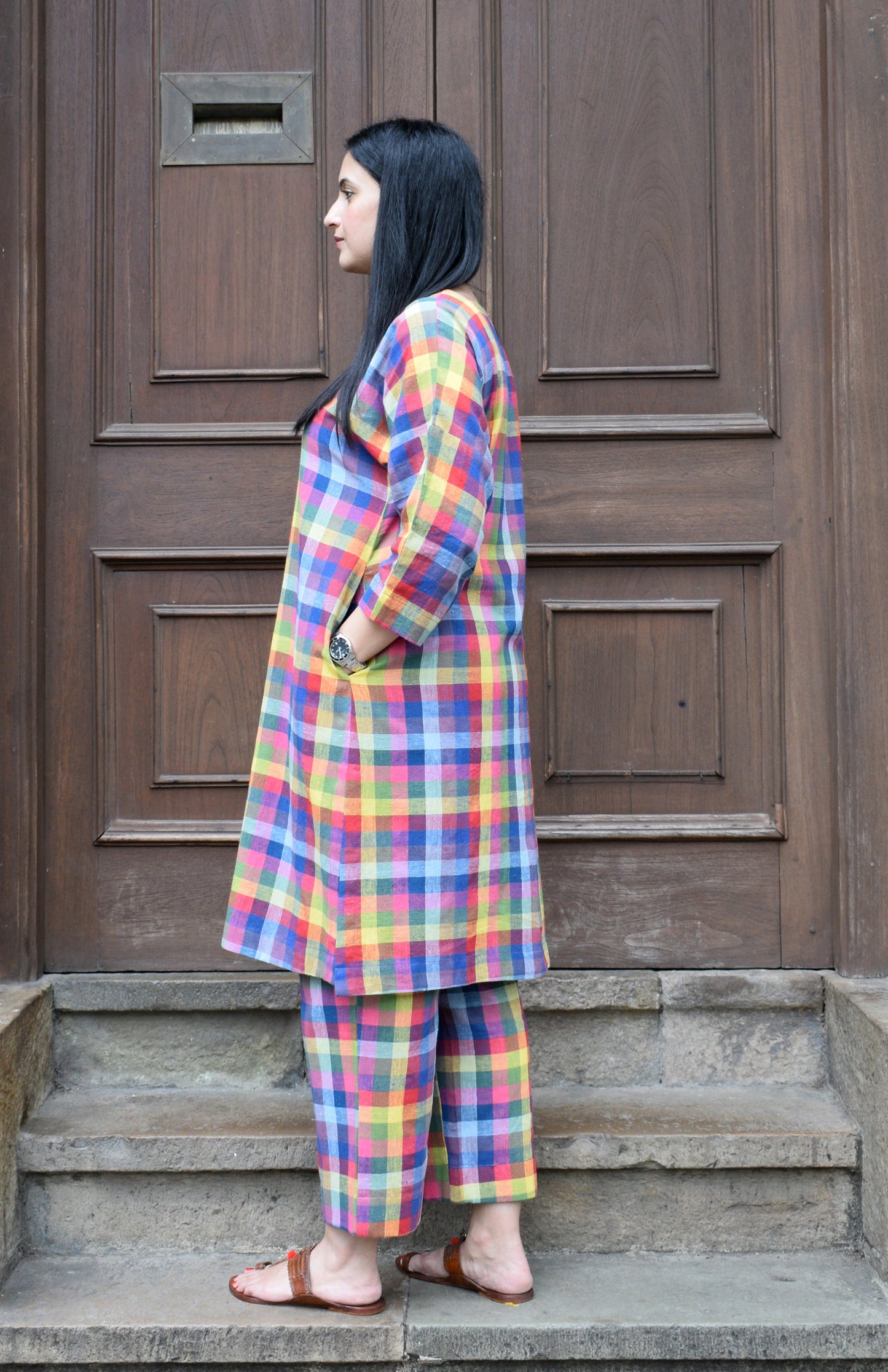 Multicolor checks Kala cotton kurta with round neck