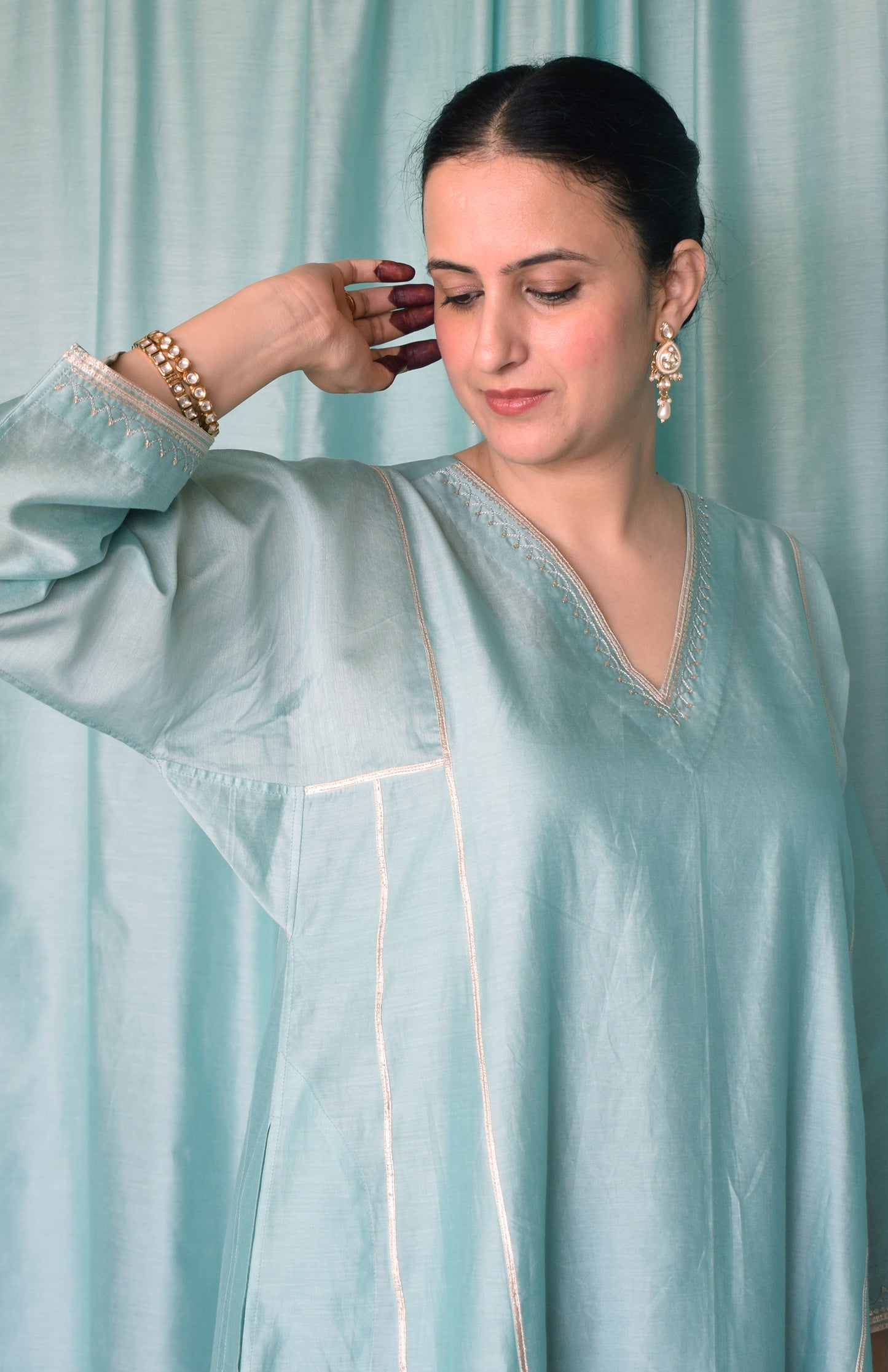Meher Chanderi Set with Hand Embroidered Phiran Kurta and Wide Legged Pyjama