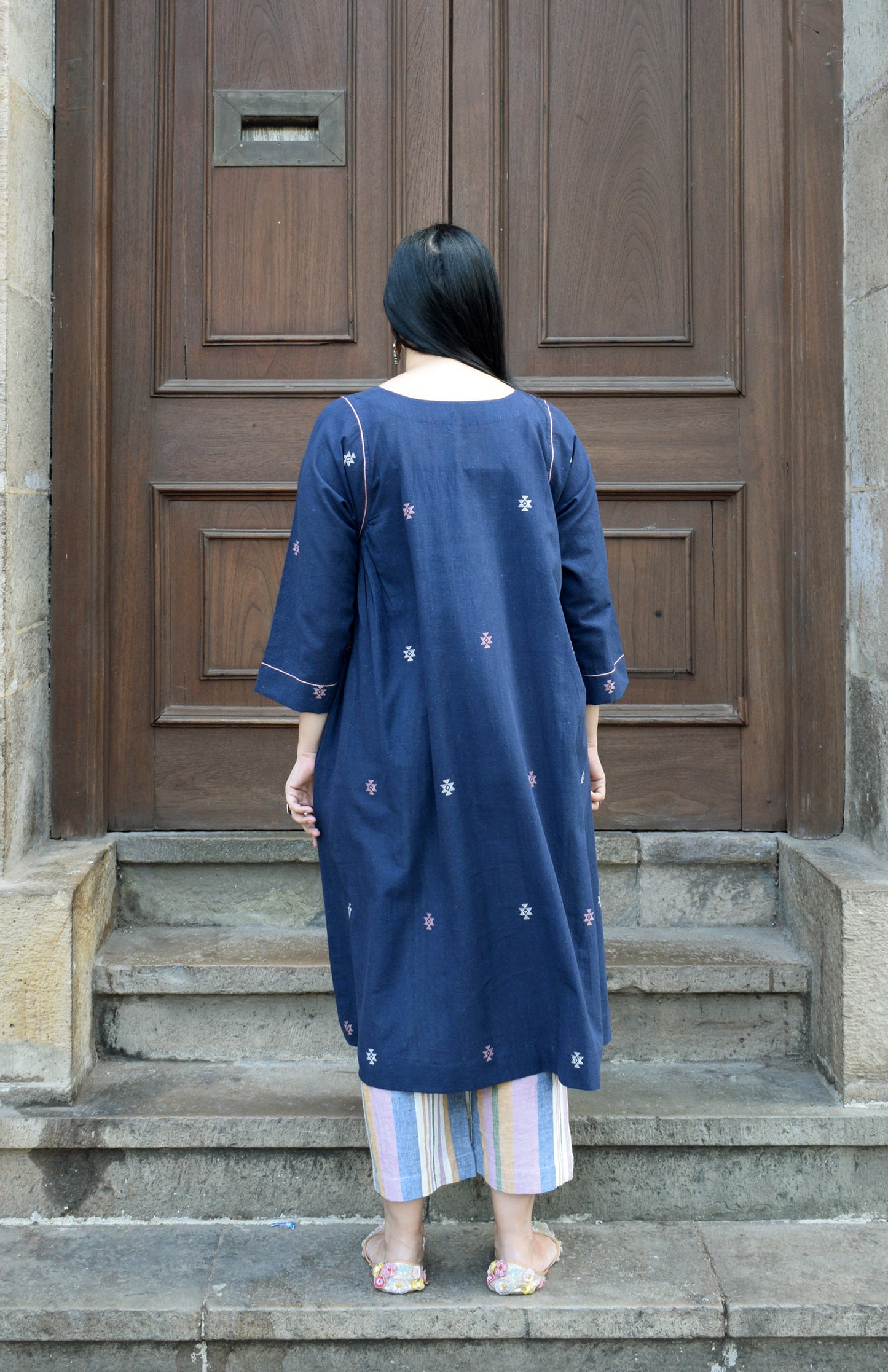 Navy blue kala cotton kurta with side gathers