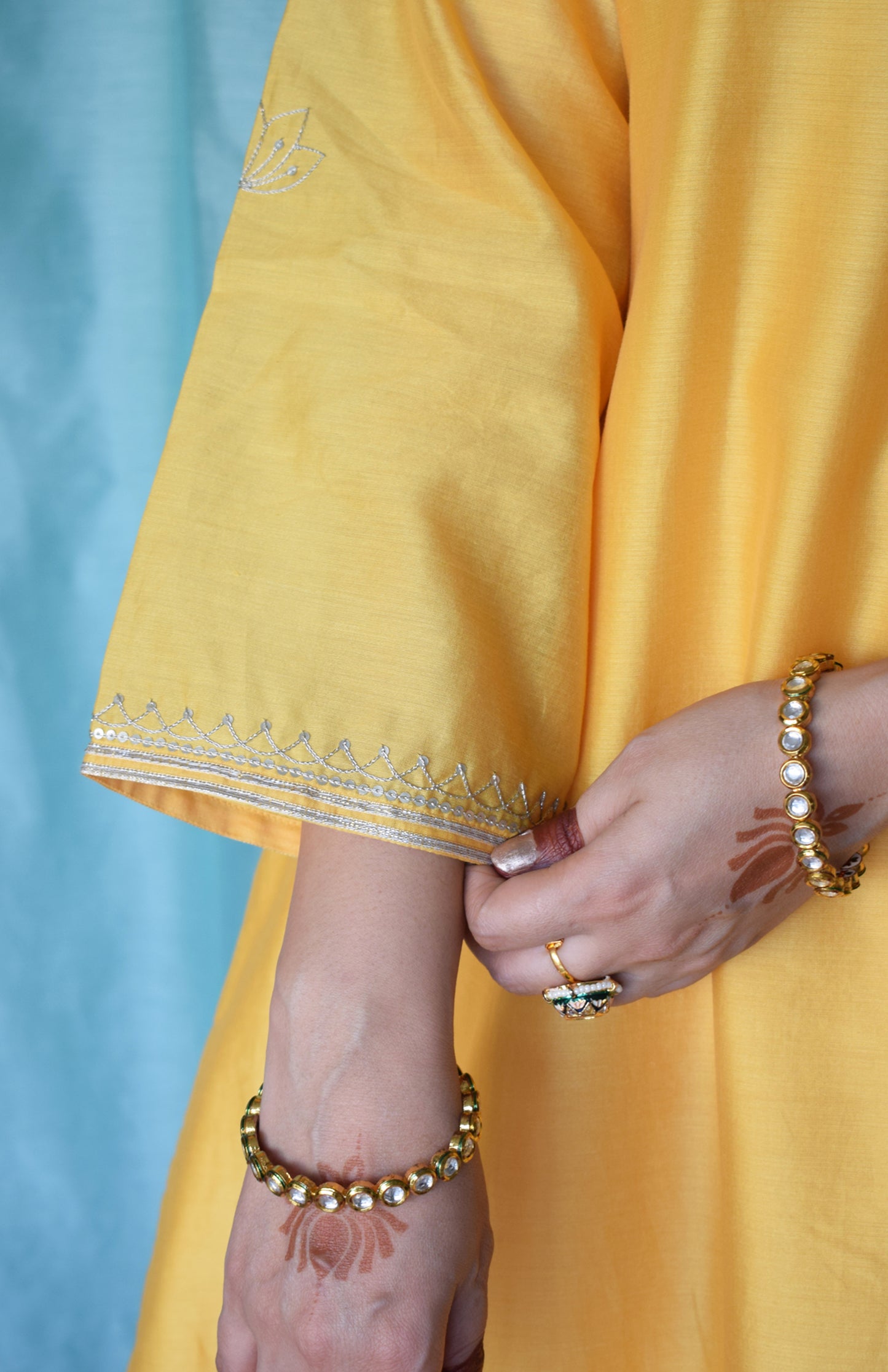 Kanak Chanderi Set with Hand Embroidered A line Kurta and Wide Legged Pyjama