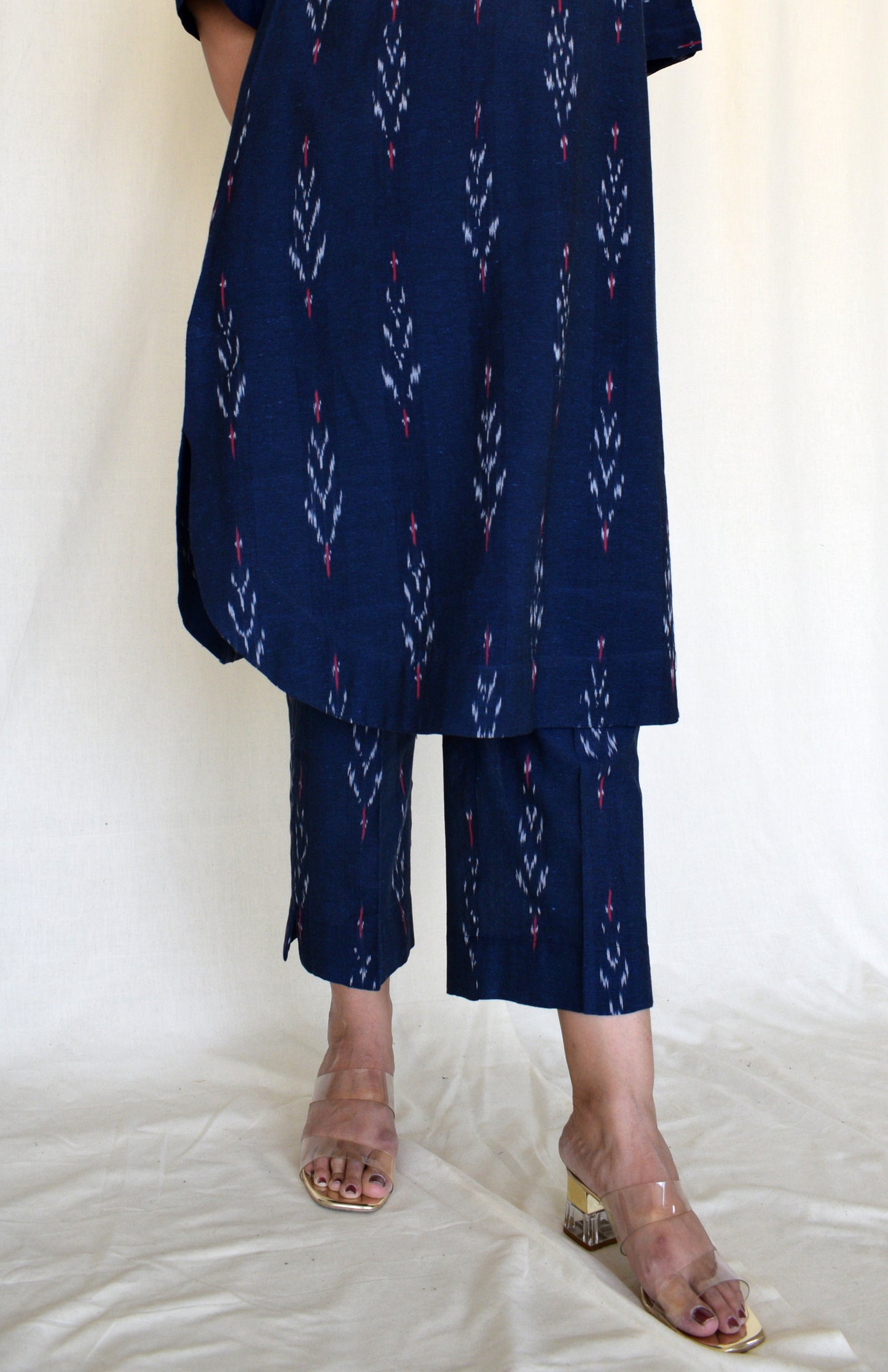 Navy blue ikat straight fit trousers