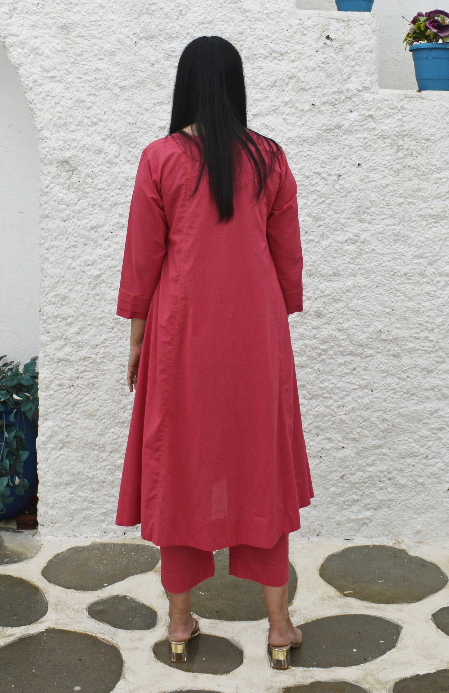 Pink A line cotton kurta with panels