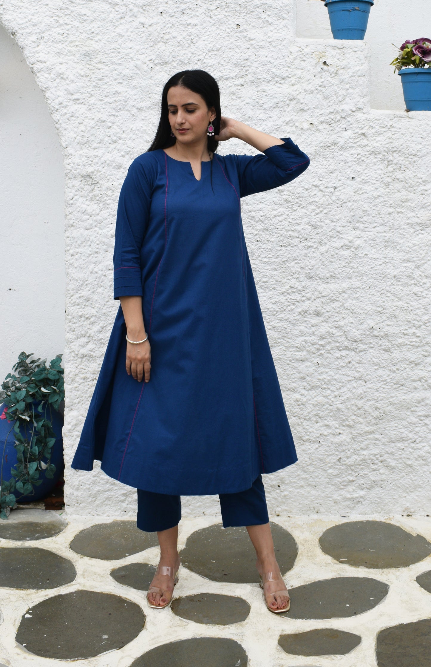 Midnight blue A line Cotton Kurta with Panels and Blue pyjama