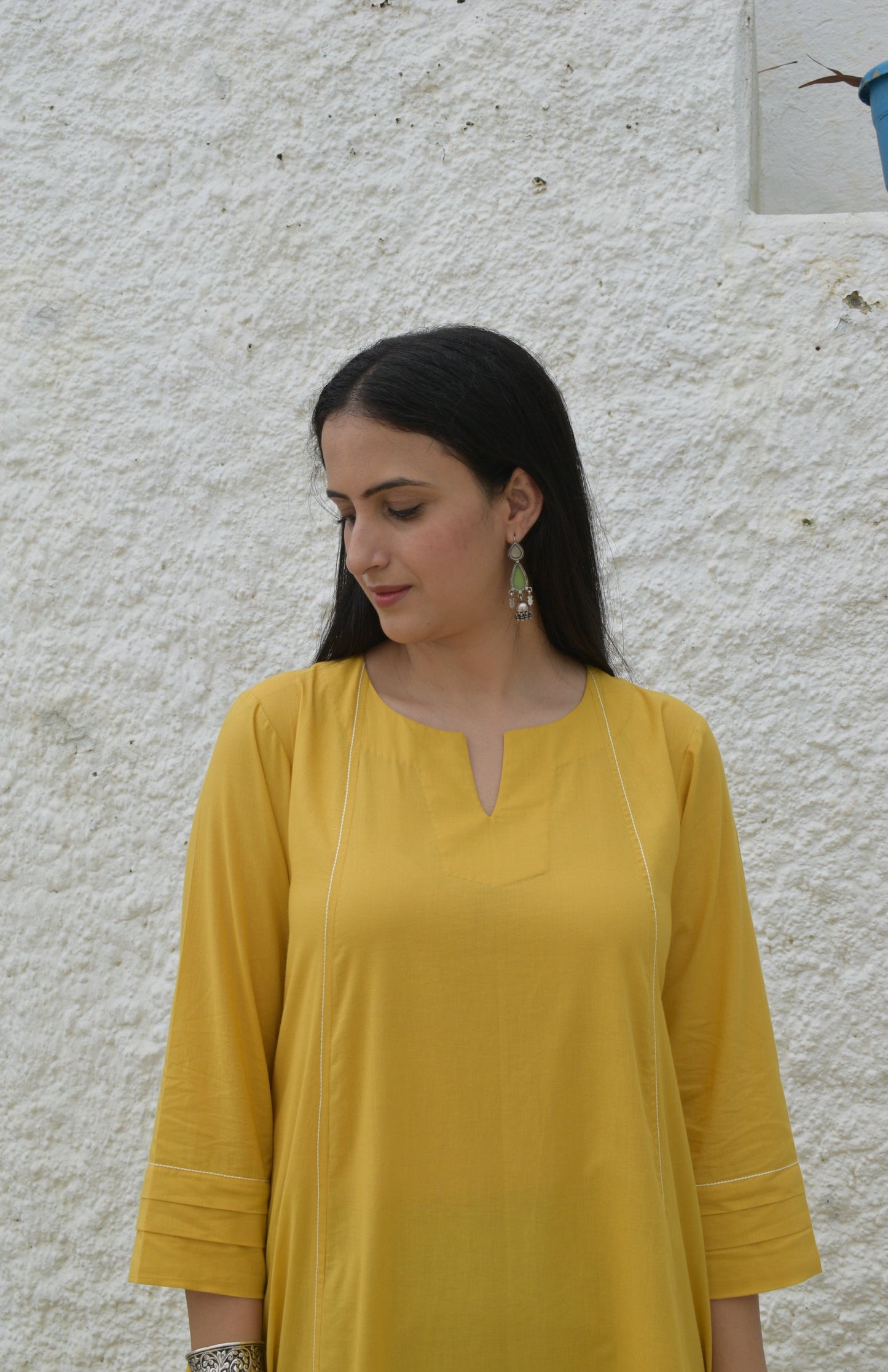 Yellow A line Cotton Kurta with Panels and yellow pajama