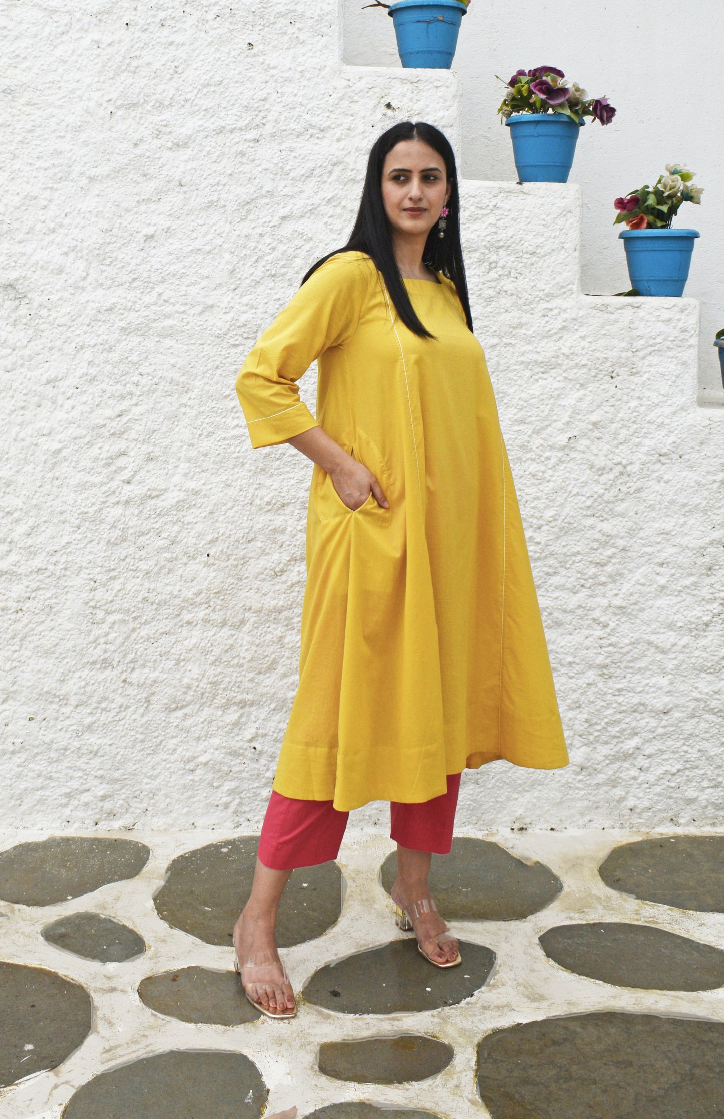 Yellow Flared Cotton Kurta with square neck and pink pyjama