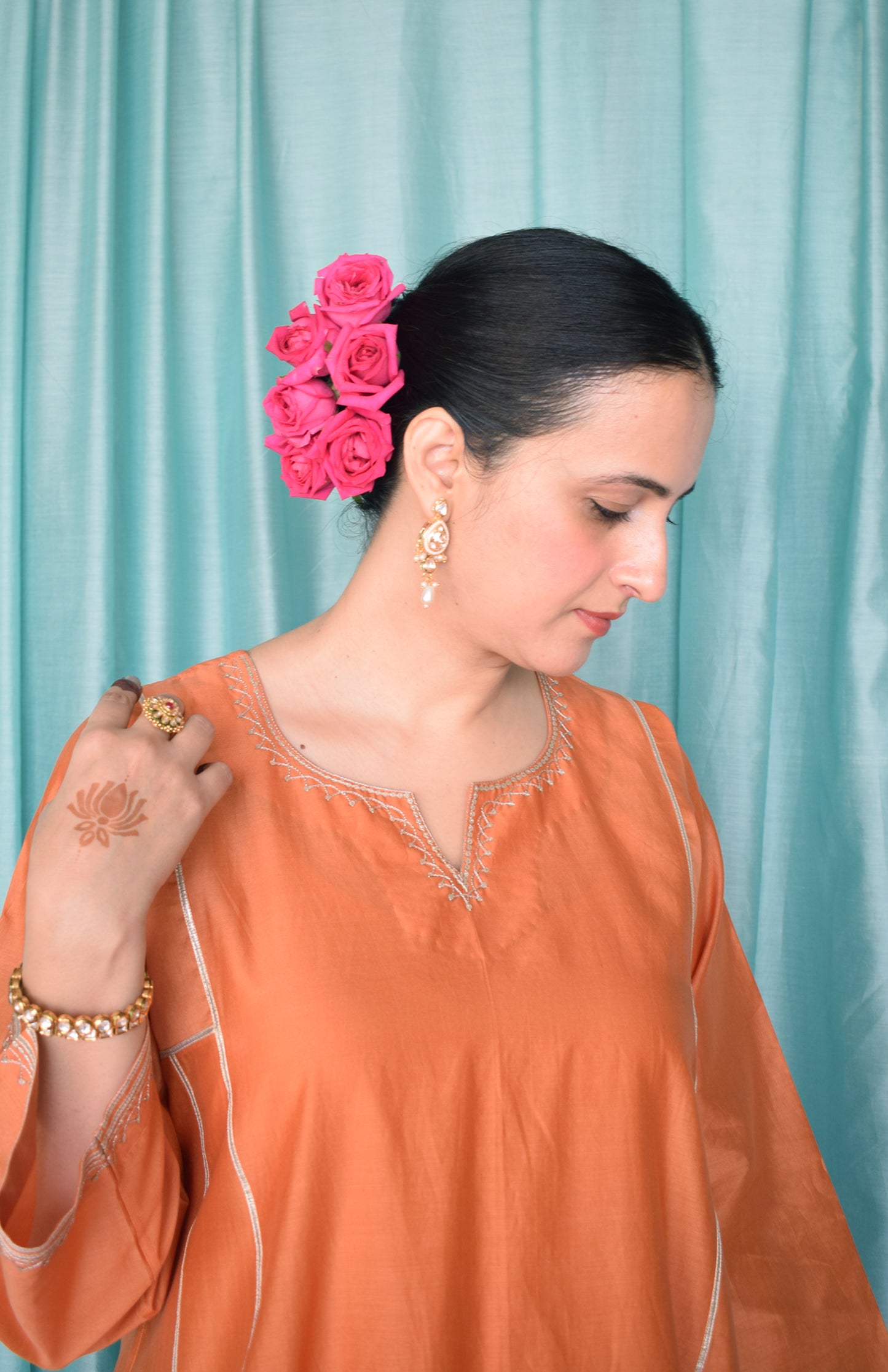 Neerja Chanderi Set with Hand Embroidered Phiran Kurta and Wide Legged Pyjama