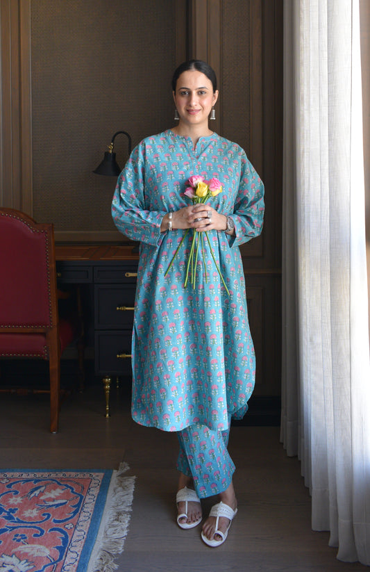 Blue and Pink Handblock Printed Antifit Co-Ord Set