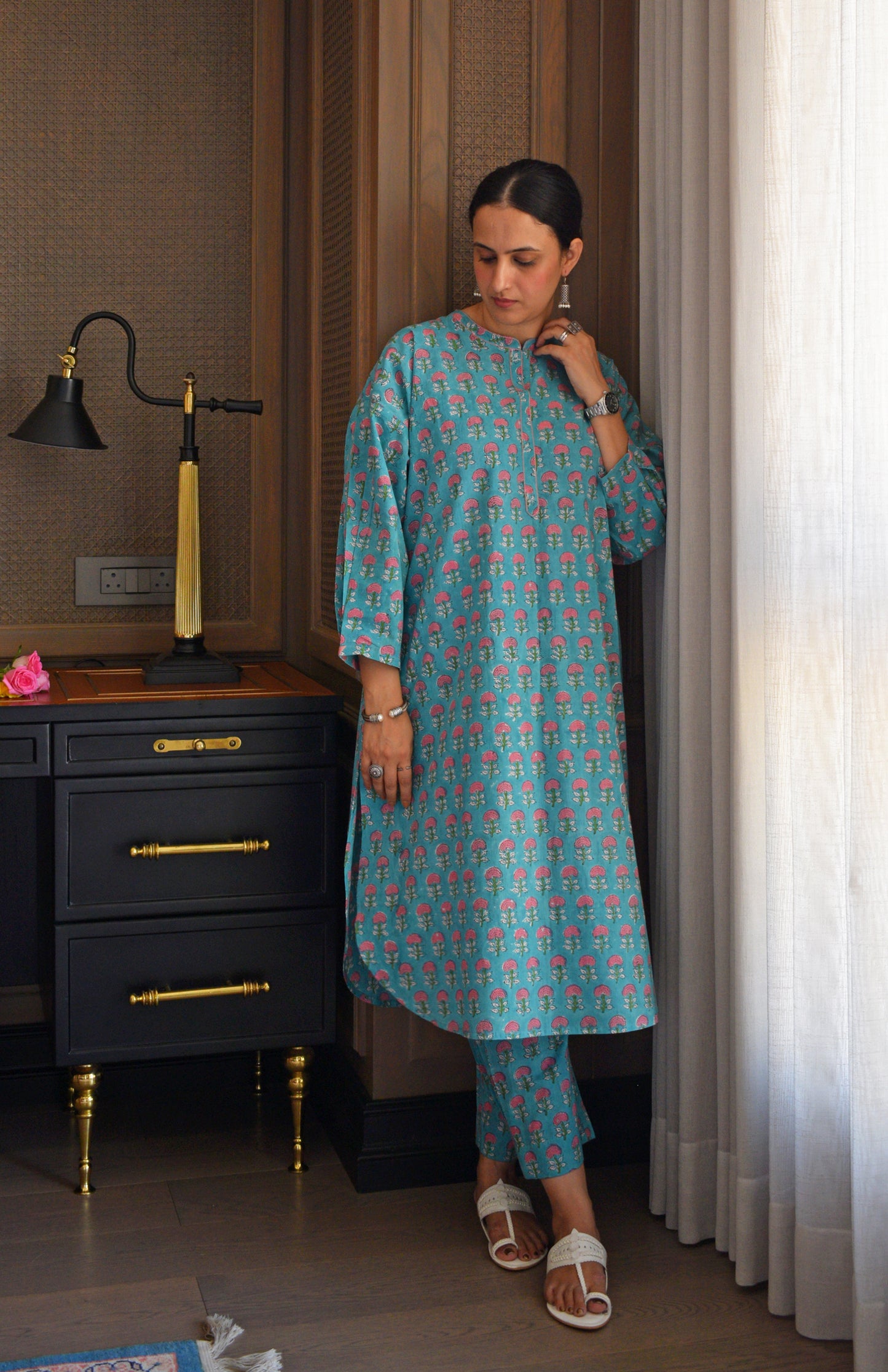 Blue and Pink Handblock Printed Antifit Co-Ord Set