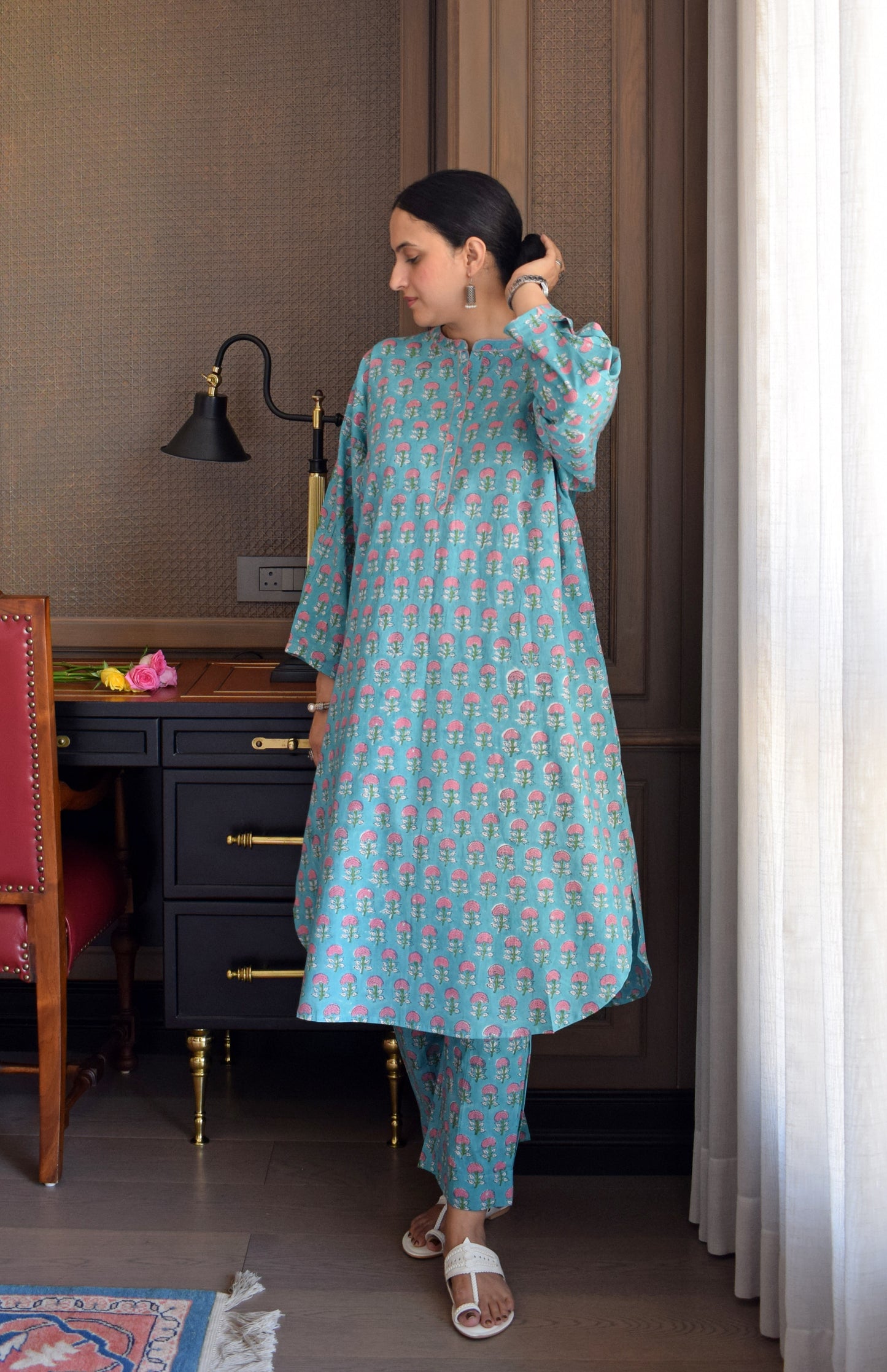 Blue and Pink Handblock Printed Antifit Co-Ord Set