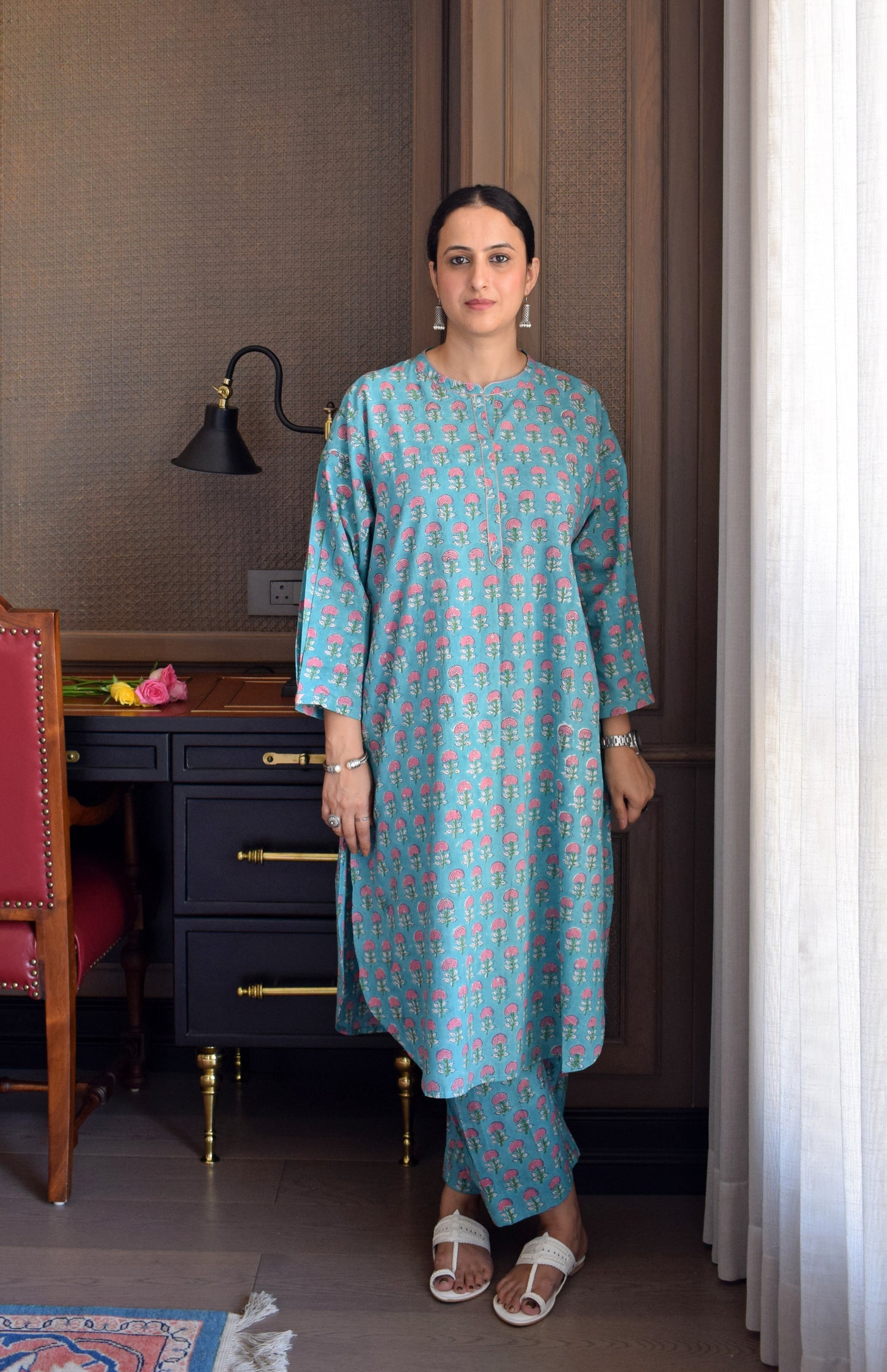 Blue and Pink Handblock Printed Antifit Co-Ord Set