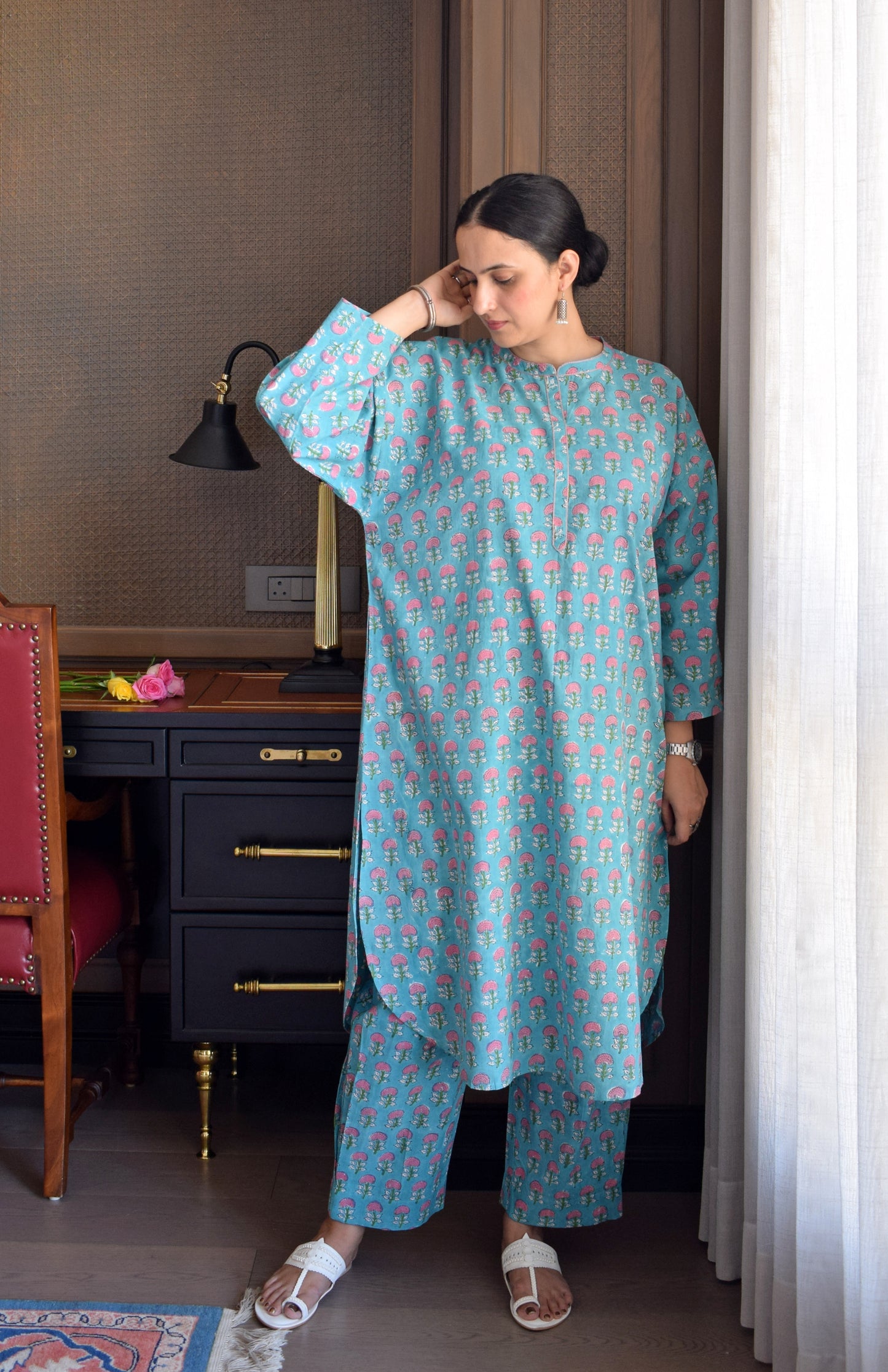 Blue and Pink Handblock Printed Antifit Co-Ord Set