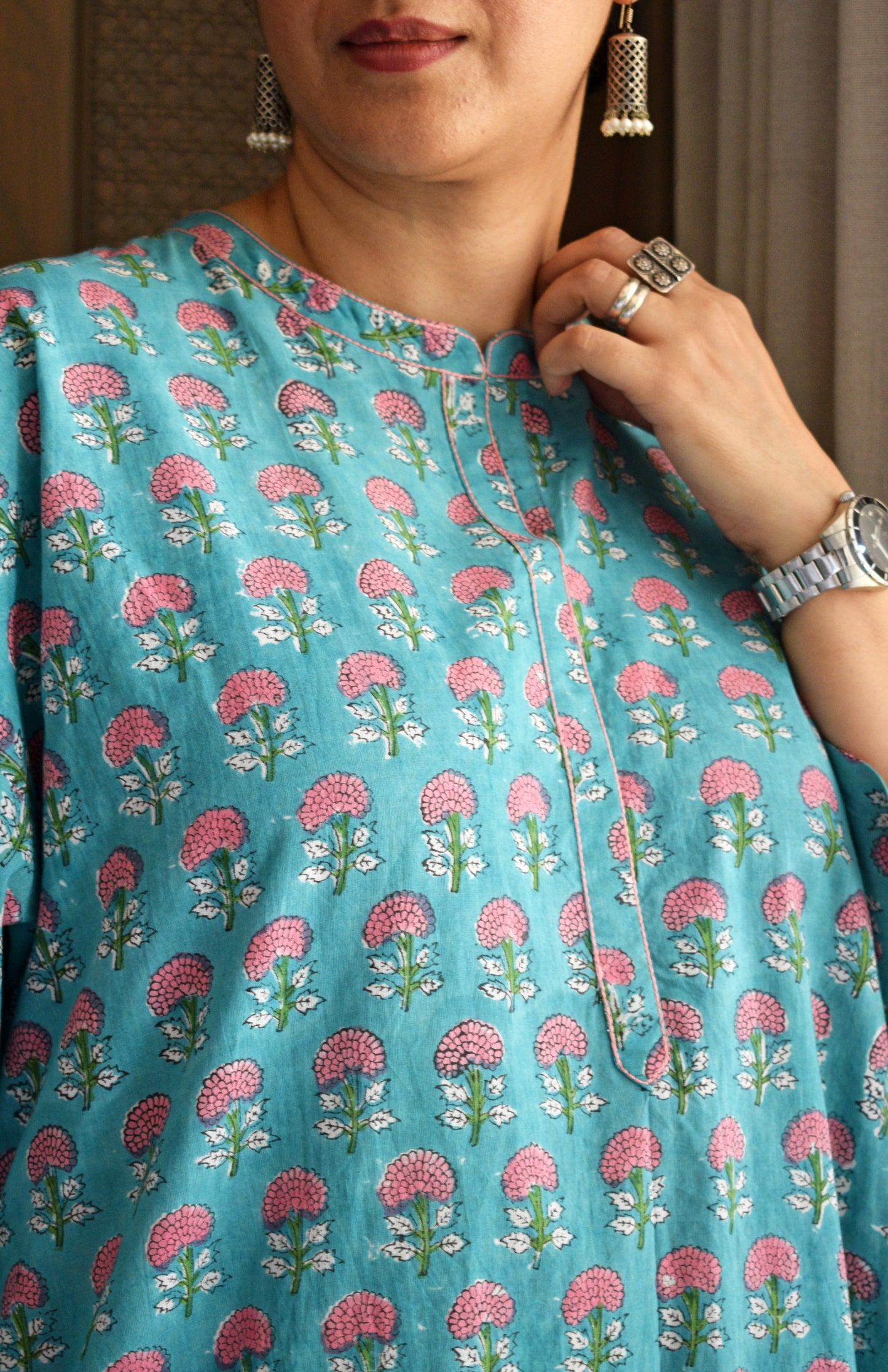 Blue and Pink Handblock Printed Antifit Co-Ord Set