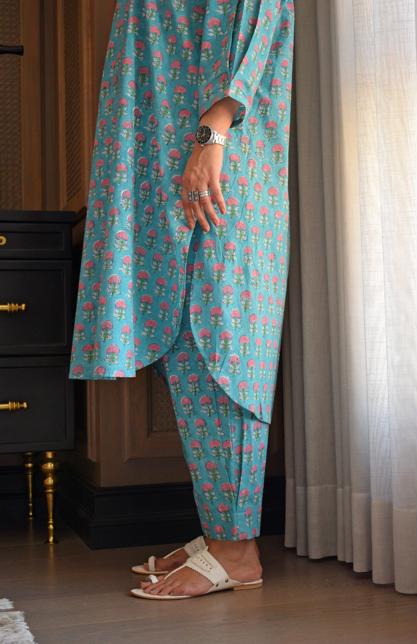 Blue and Pink Handblock Printed Antifit Co-Ord Set