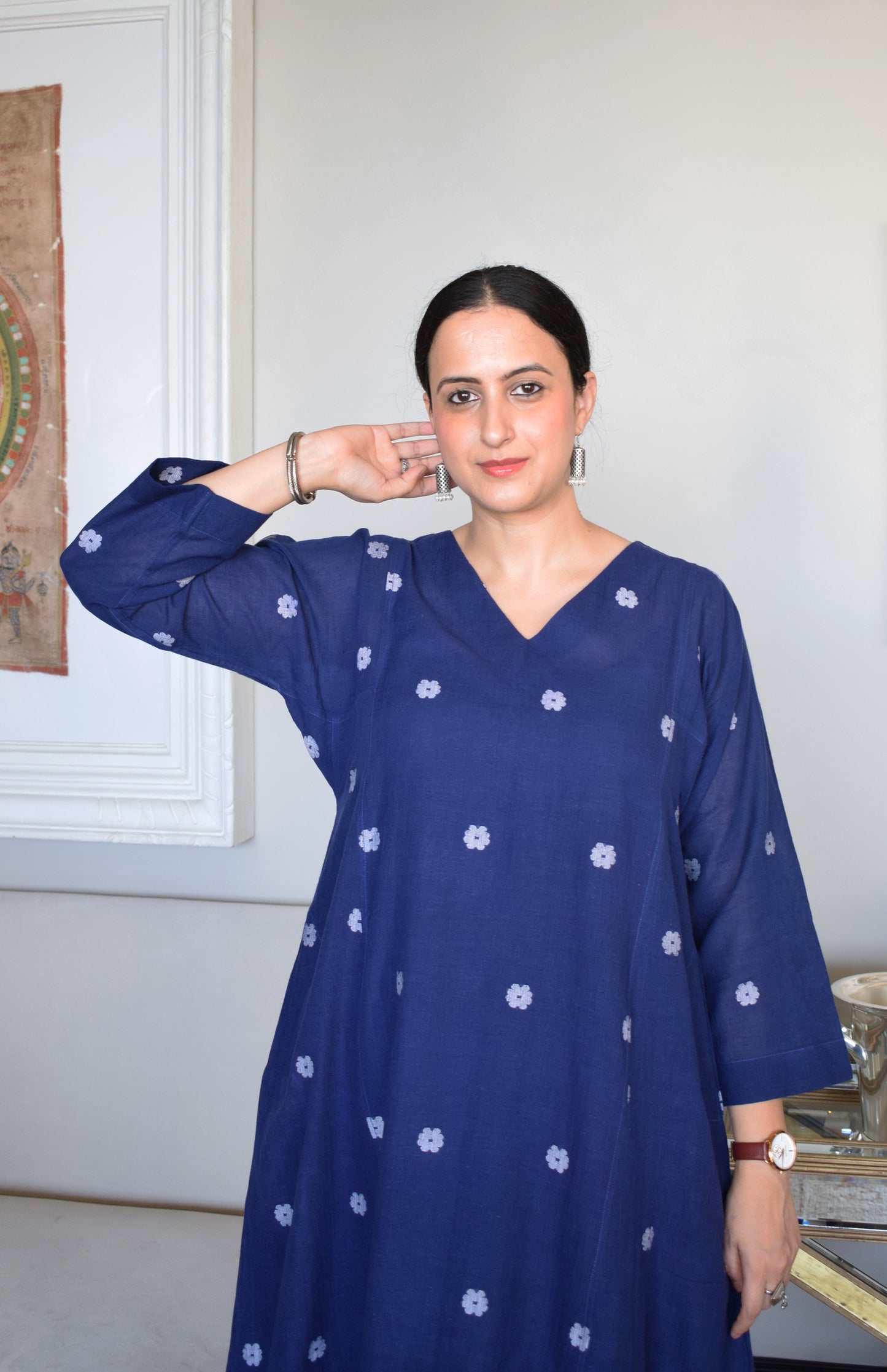 Midnight Blue Jamdani Phiran with White pyjama