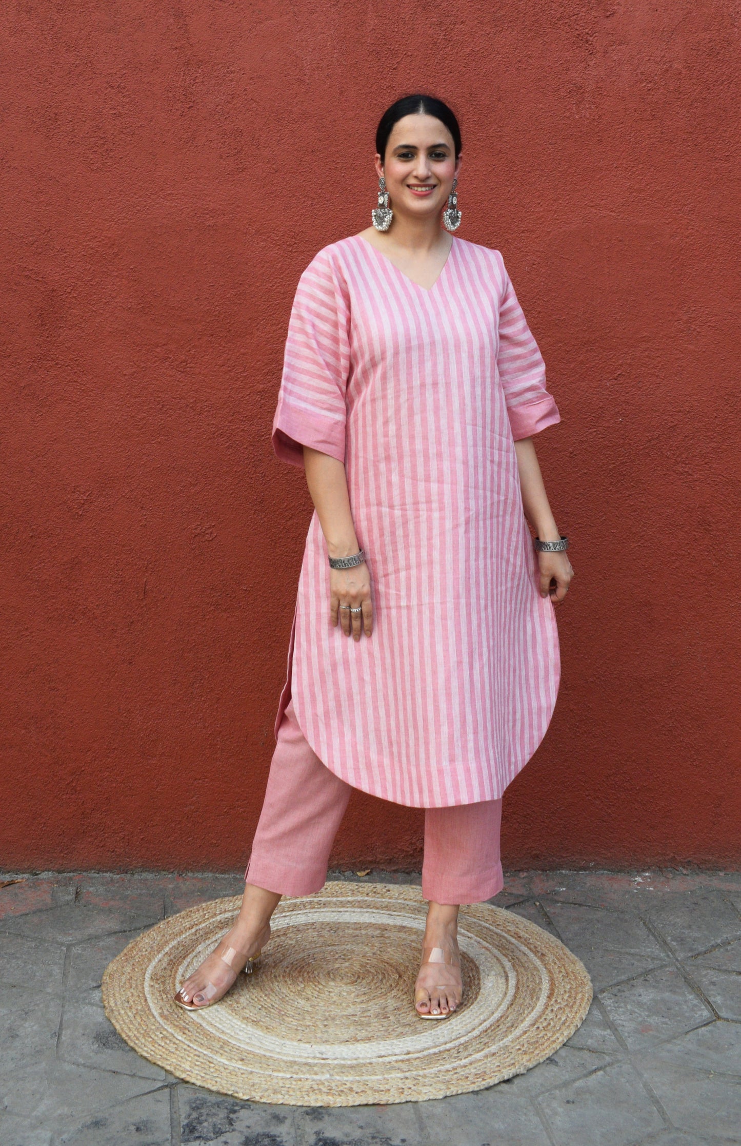 Blush Pink Striped Linen Choga with V neck