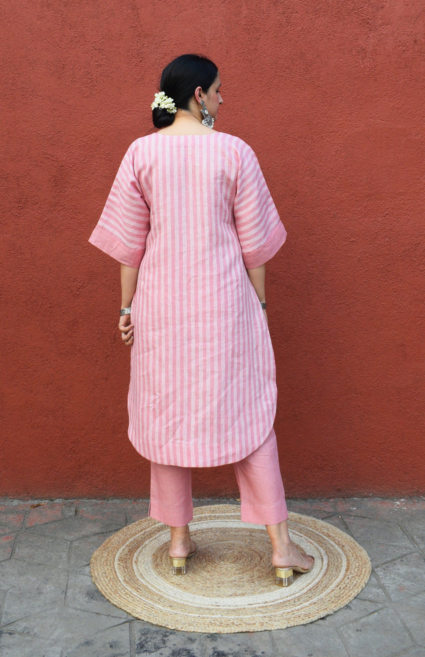 Blush Pink Striped Linen Choga with V neck