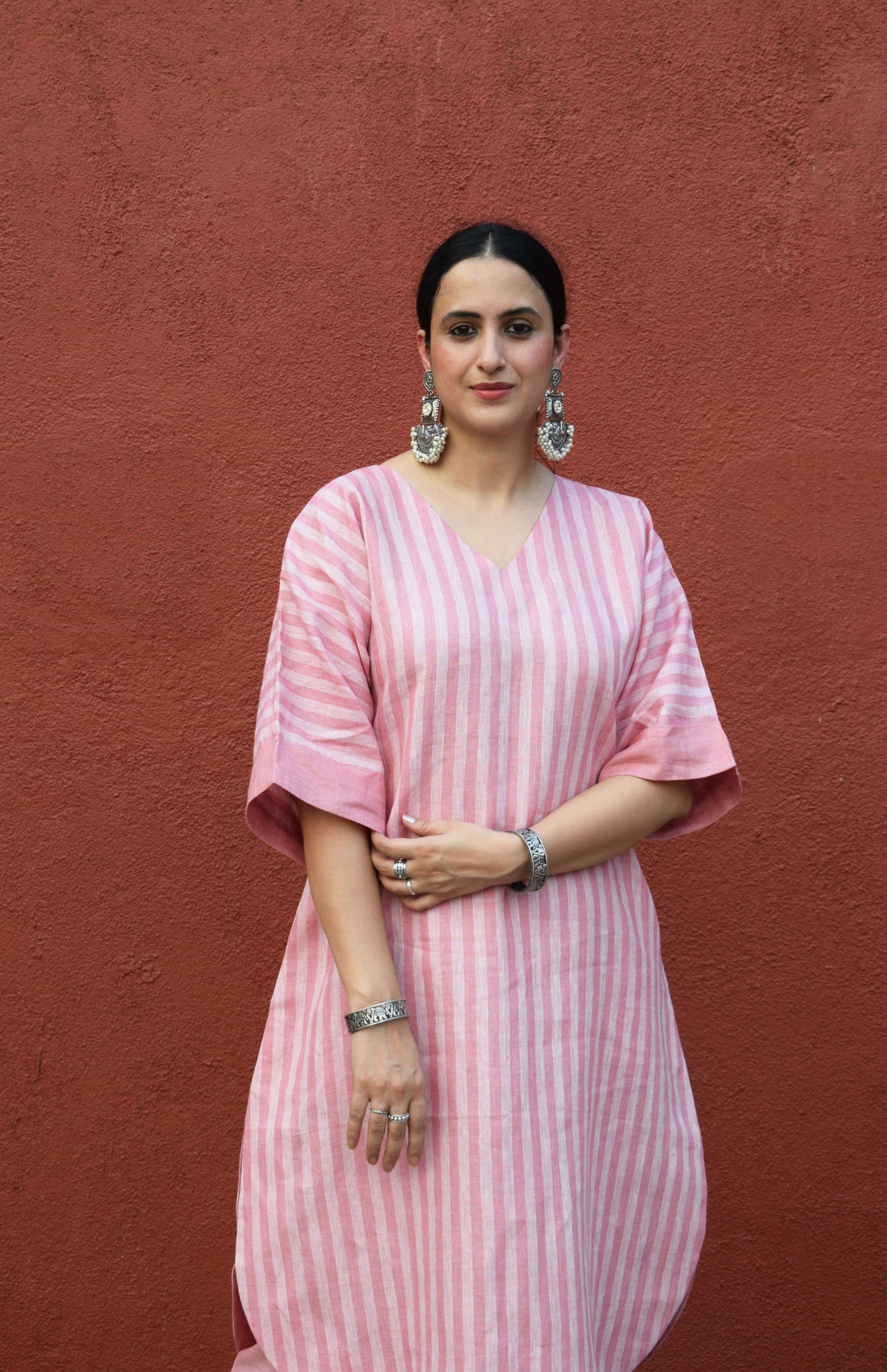 Blush Pink Striped Linen Choga with V neck