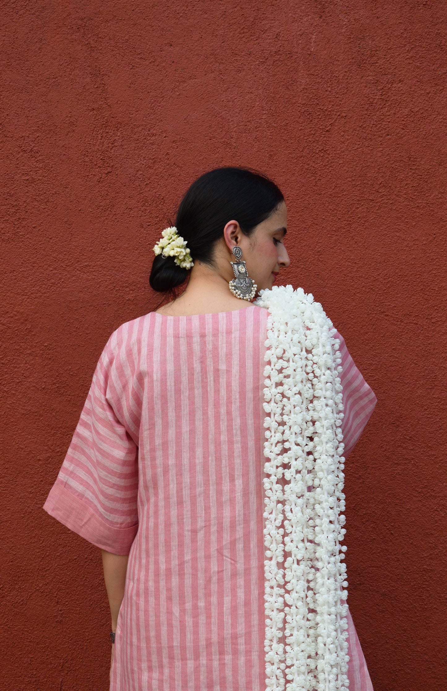 Blush Pink Striped Linen Choga with V neck