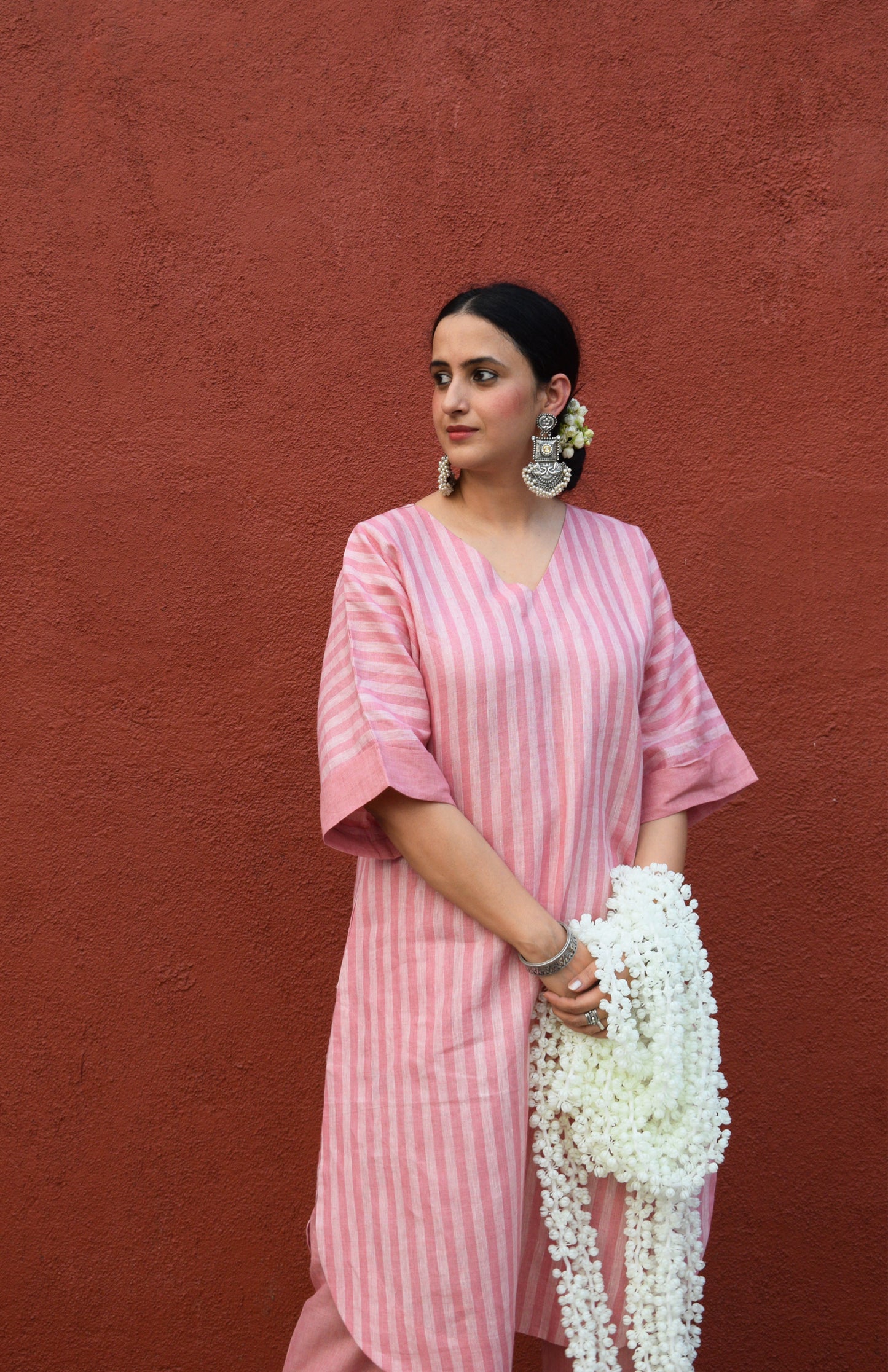 Blush Pink Striped Linen Choga Set with trousers