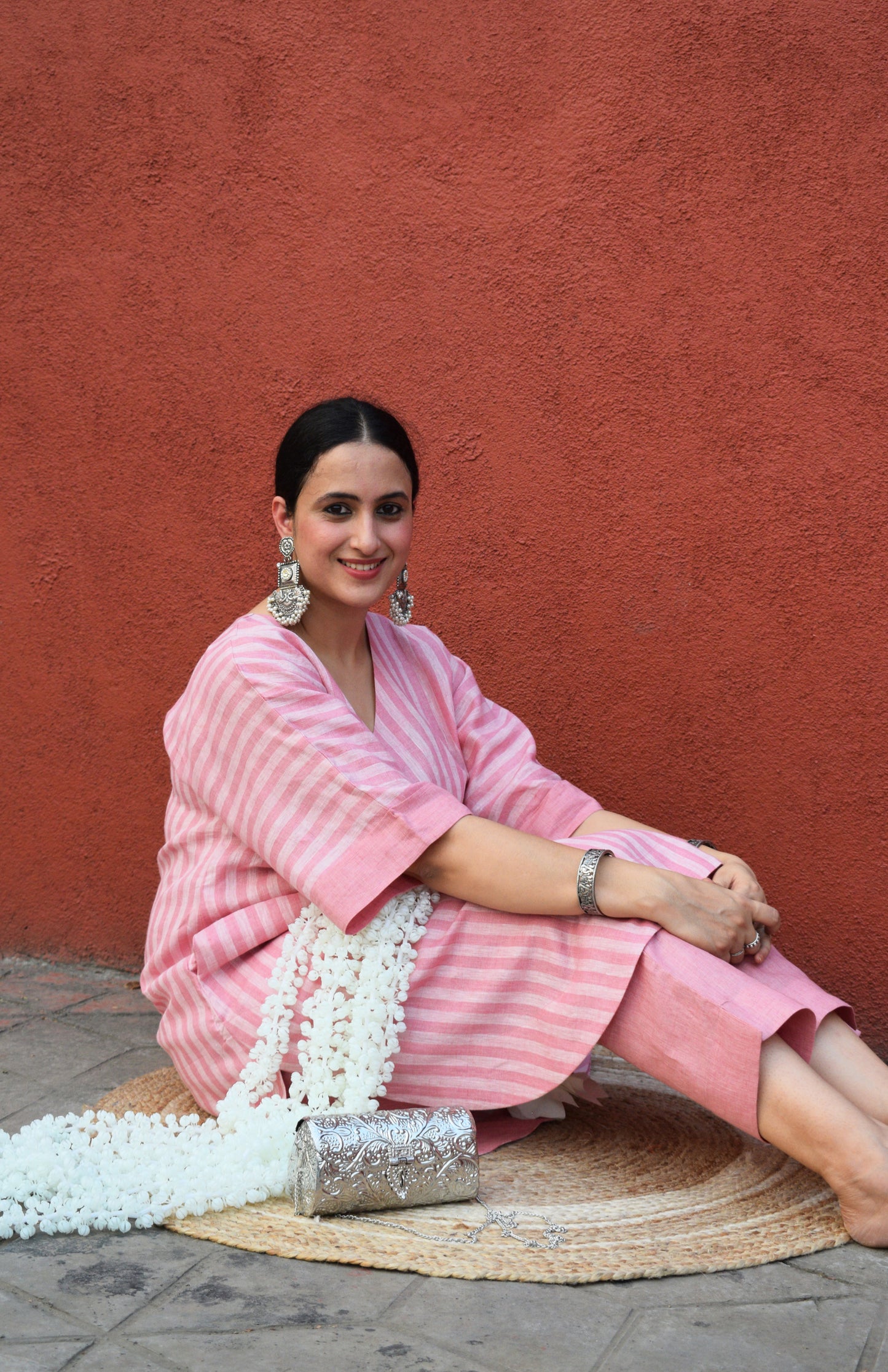 Blush Pink Striped Linen Choga Set with trousers