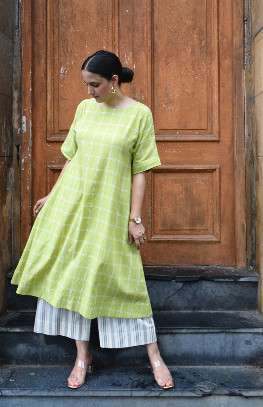 Lime Green A line Kurta in Handwoven Checks with Handwoven Striped pyjama