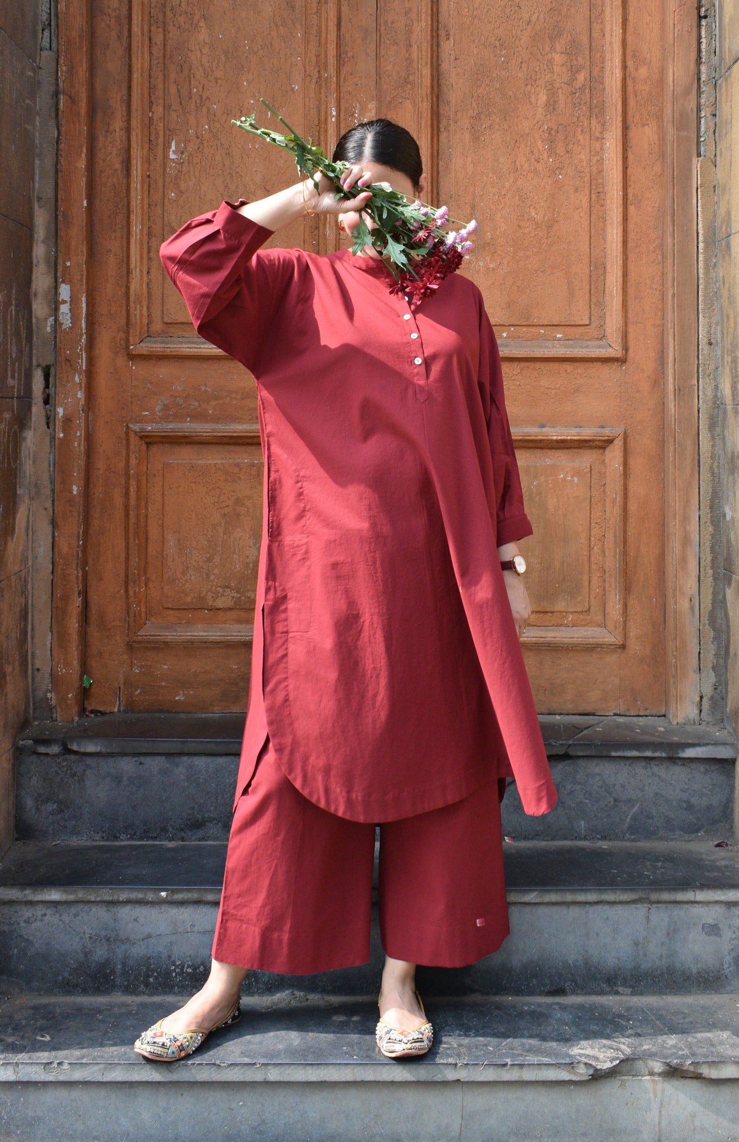 Maroon Antifit Co-ord Set with wide legged pyjama