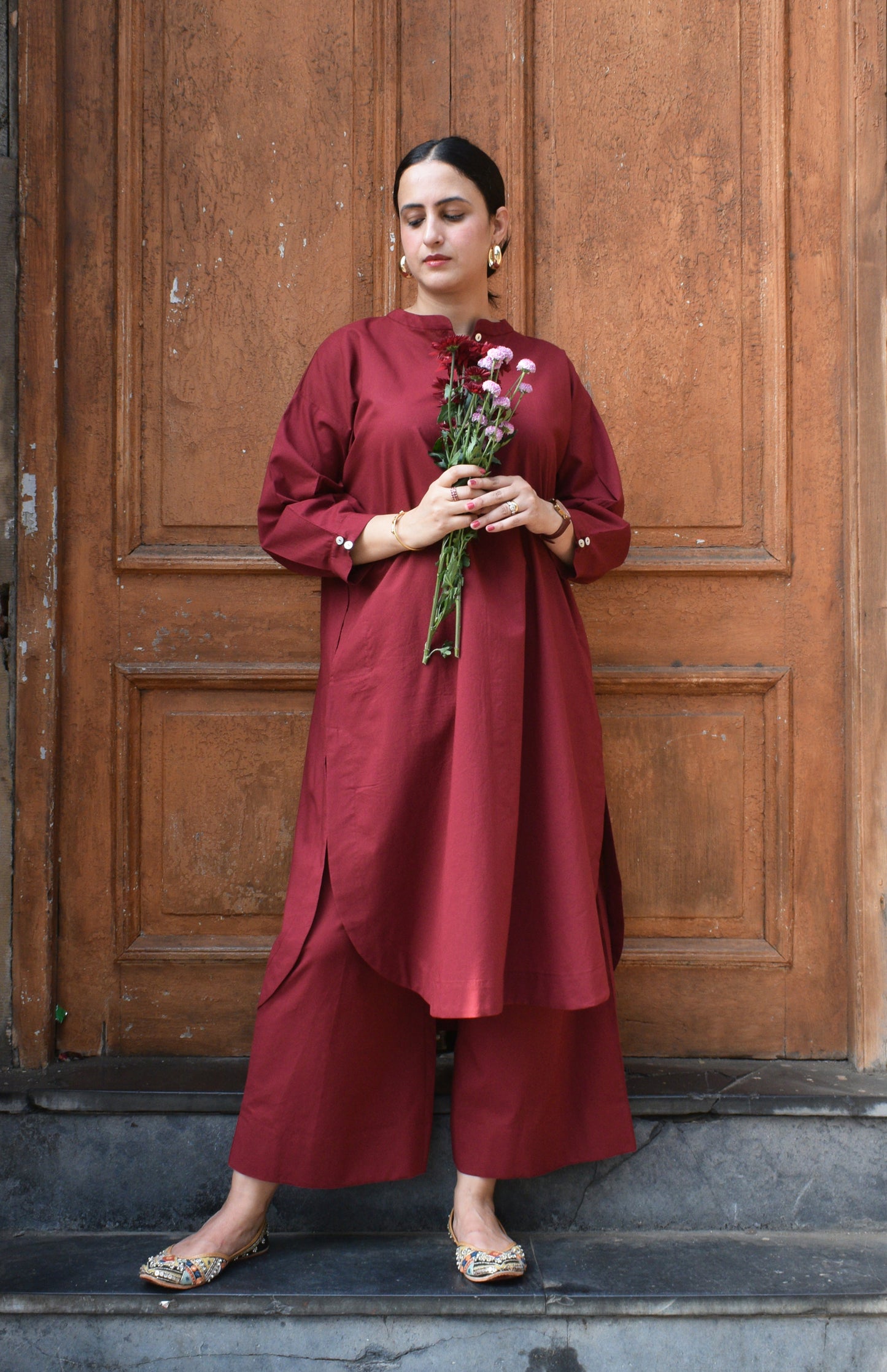 Maroon Antifit Co-ord Set with wide legged pyjama