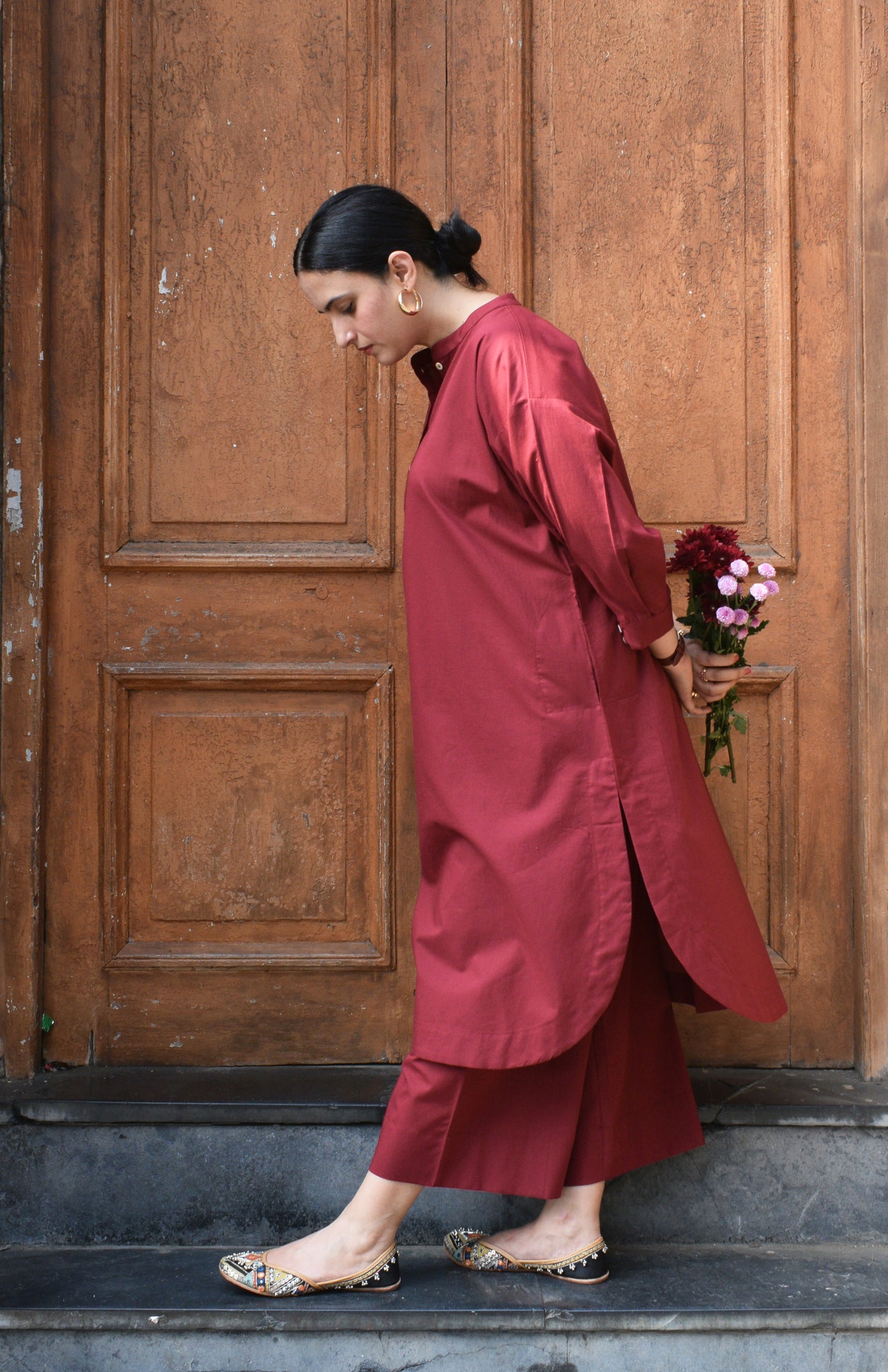 Maroon Antifit Co-ord Set with wide legged pyjama
