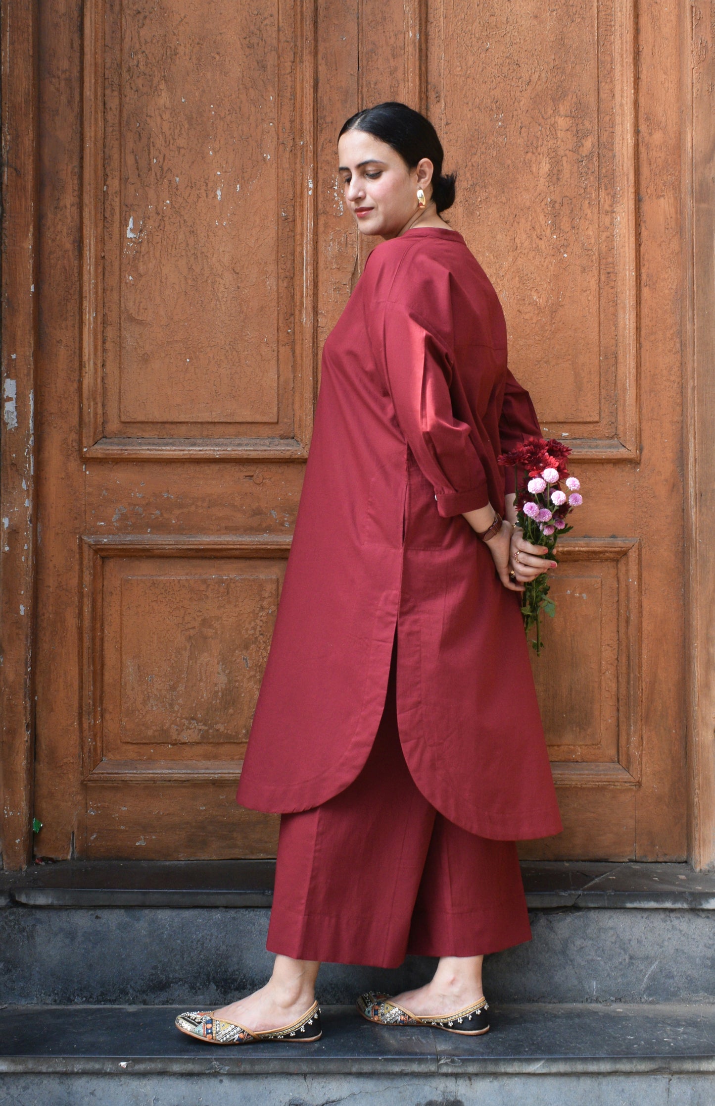 Maroon Antifit Co-ord Set with wide legged pyjama