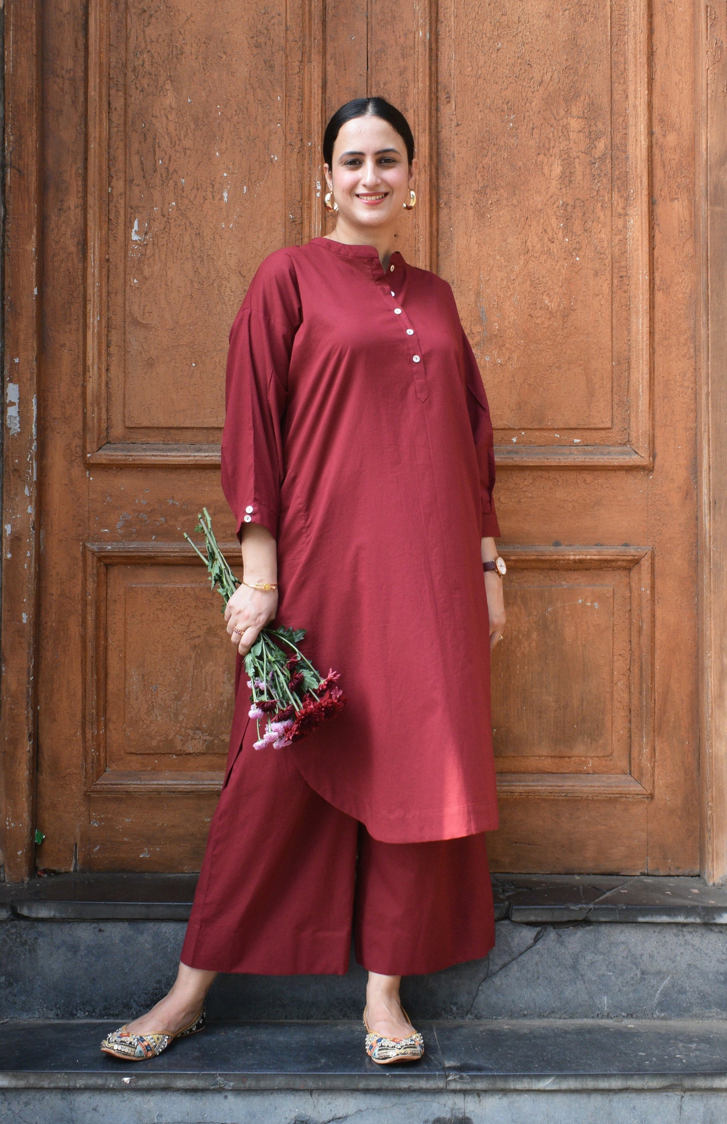 Maroon Antifit Co-ord Set with wide legged pyjama