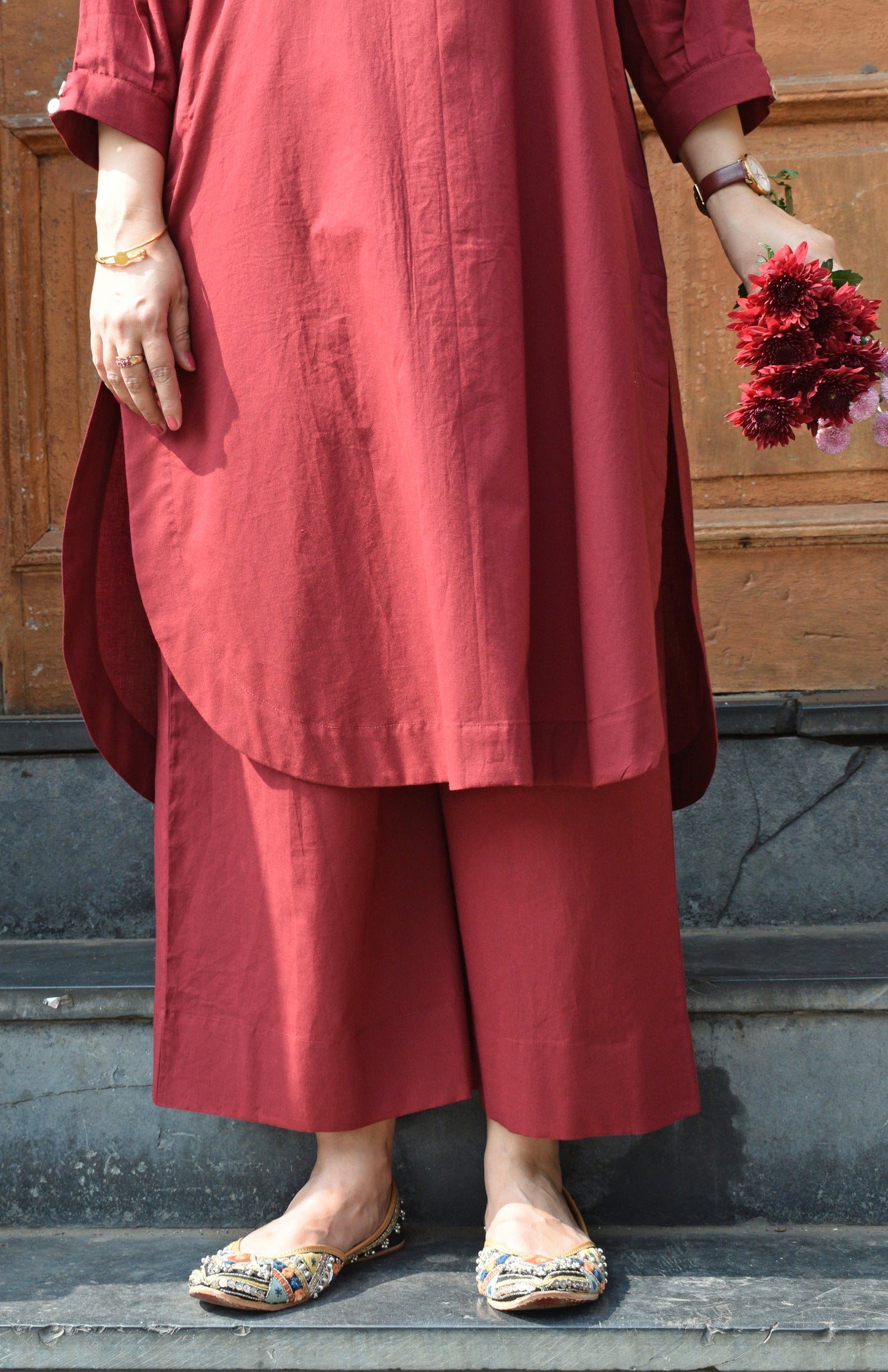 Maroon Antifit Co-ord Set with wide legged pyjama