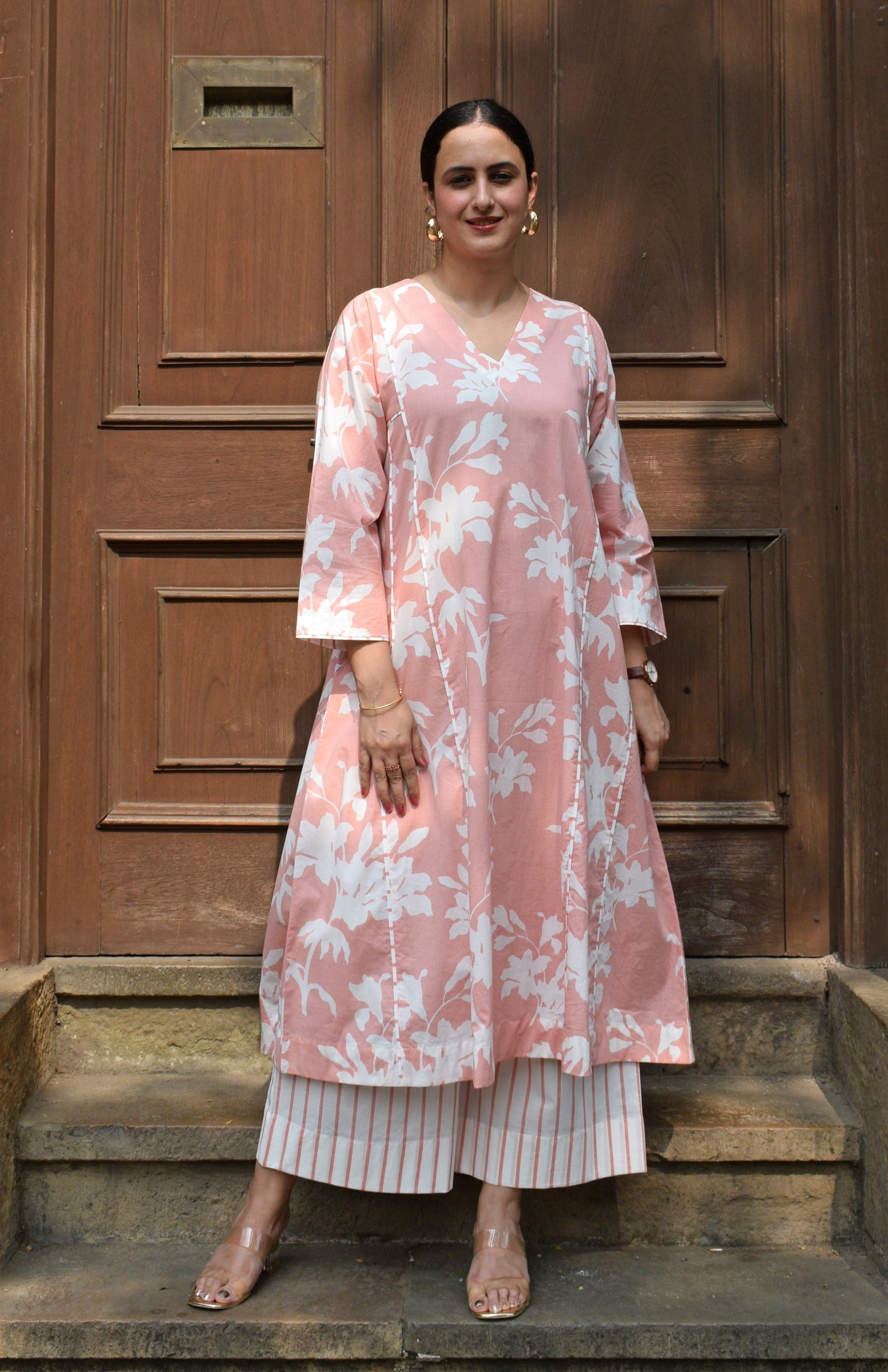 Pink Floral Panelled Kurta with Striped Pajama