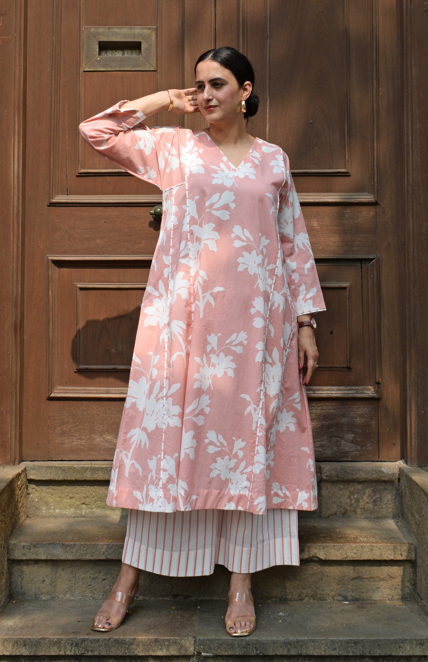 Pink Floral Panelled Kurta with Striped Pajama