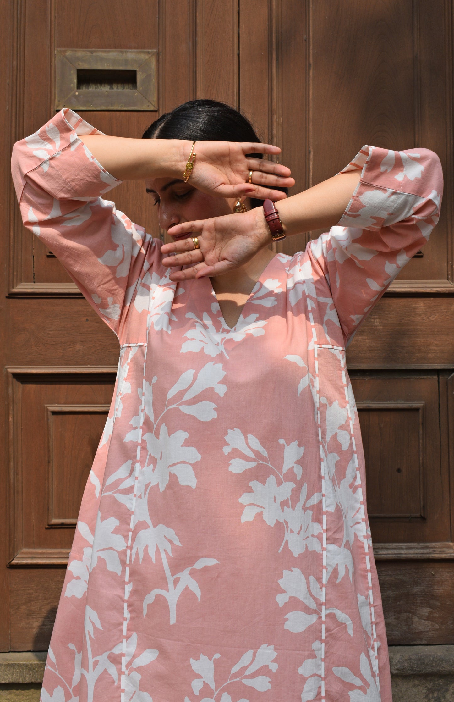 Pink Floral Panelled Kurta with Striped Pajama