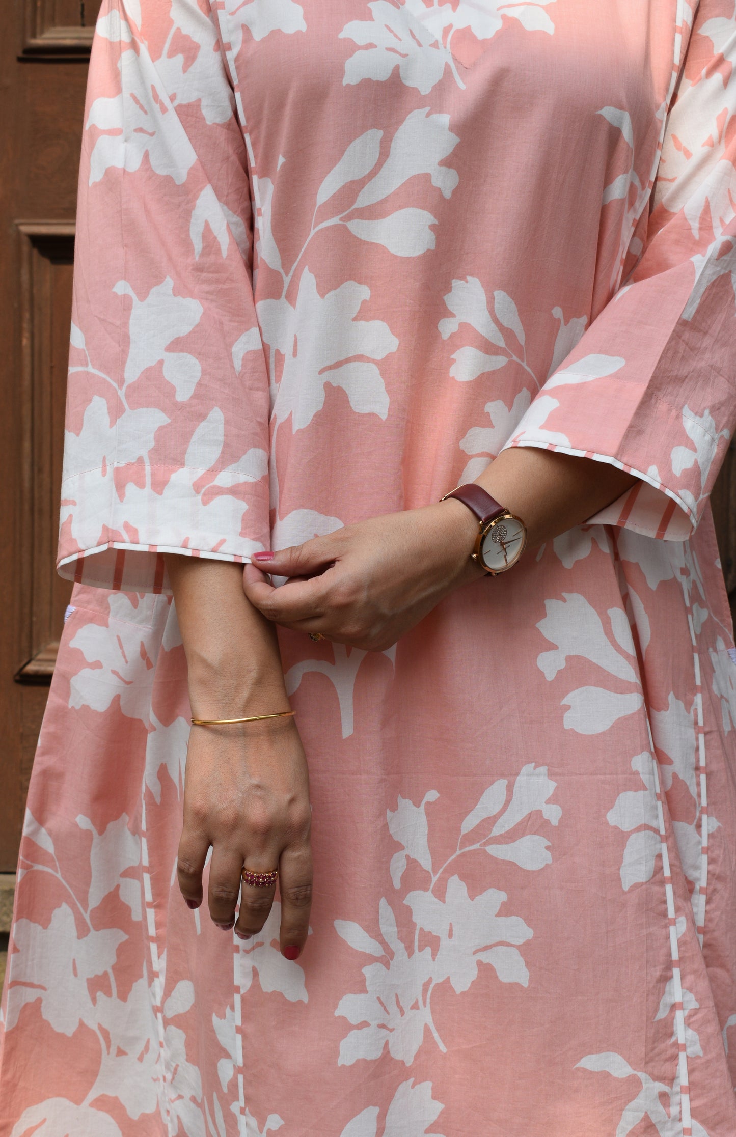 Pink Floral Panelled Kurta with Striped Pajama