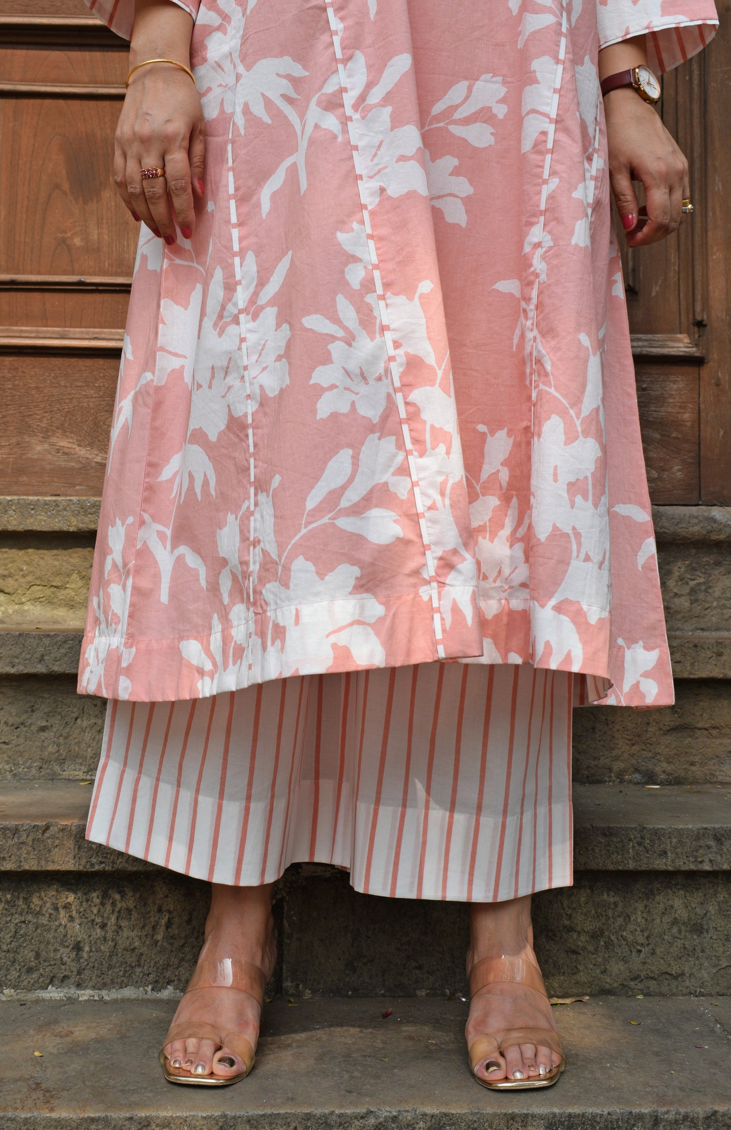 Pink Floral Panelled Kurta with Striped Pajama