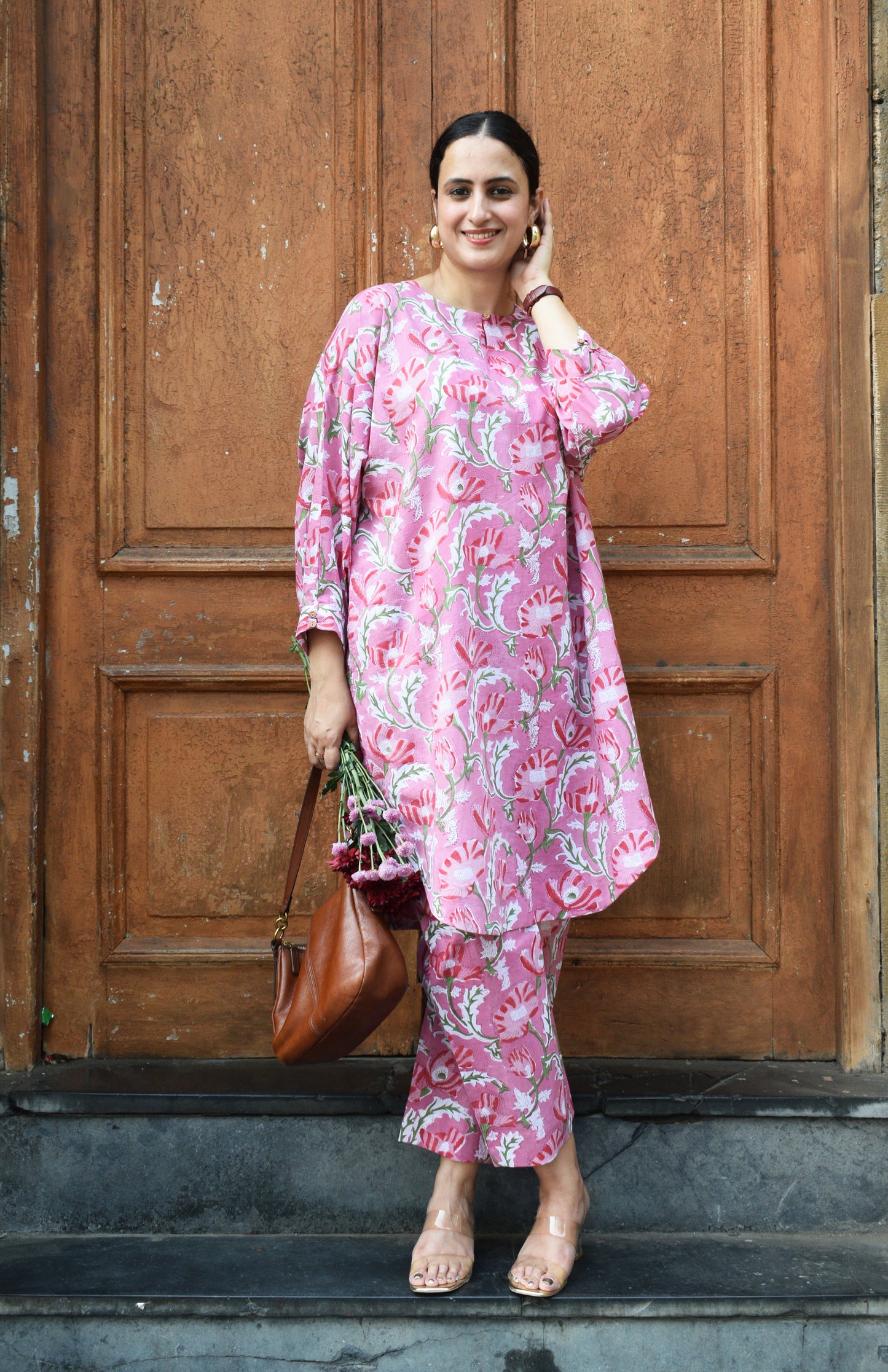 Pink and White Hand block Printed Antifit co-ord Set