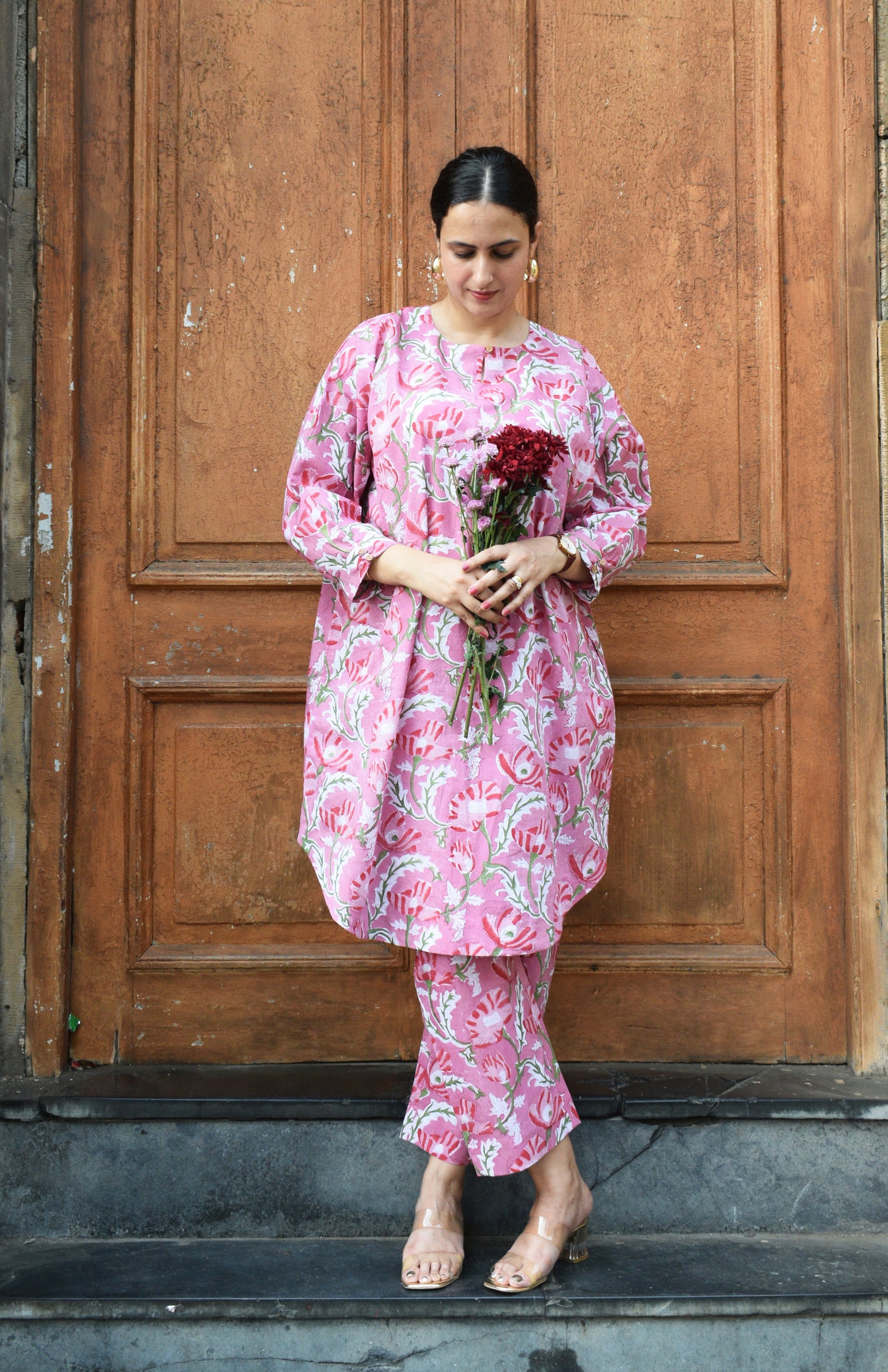 Pink and White Hand block Printed Antifit co-ord Set